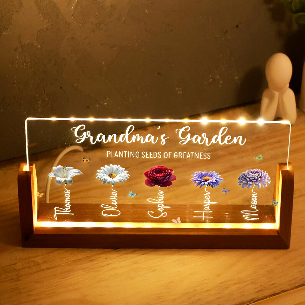Grandma's Garden Custom Birth Month Flowers - Personalised Acrylic Plaque LED Night Light - Gift For Grandma
