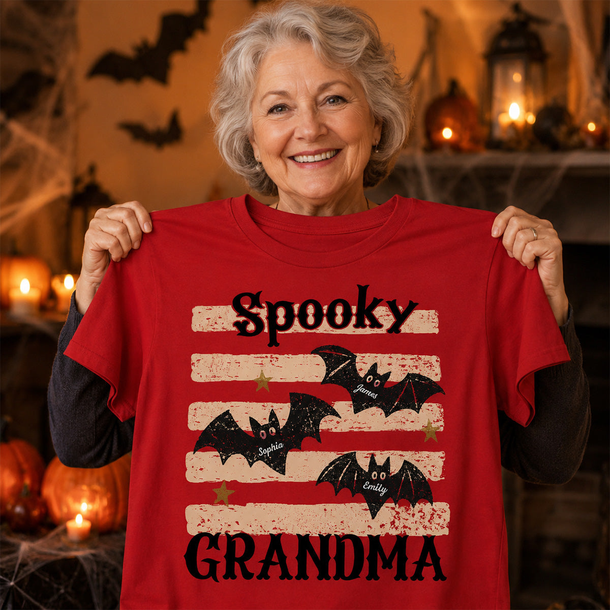 Spooky Grandma Little Bats Stripes - Personalized Shirt - Halloween Gift For Grandma