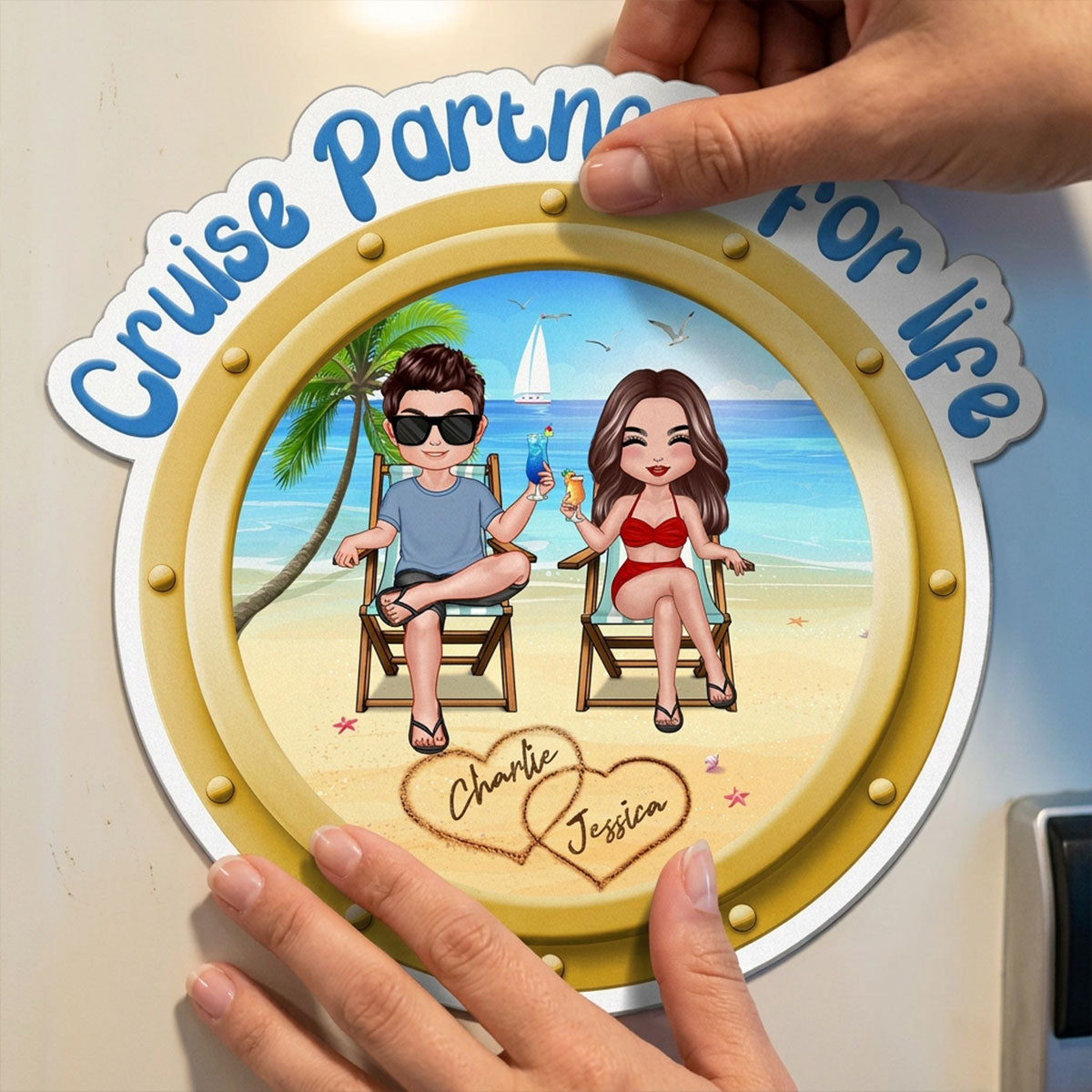 Cruise Partners For Life Porthole Doll Couple Sitting On The Beach - Personalized Cruise Ship Door Magnet