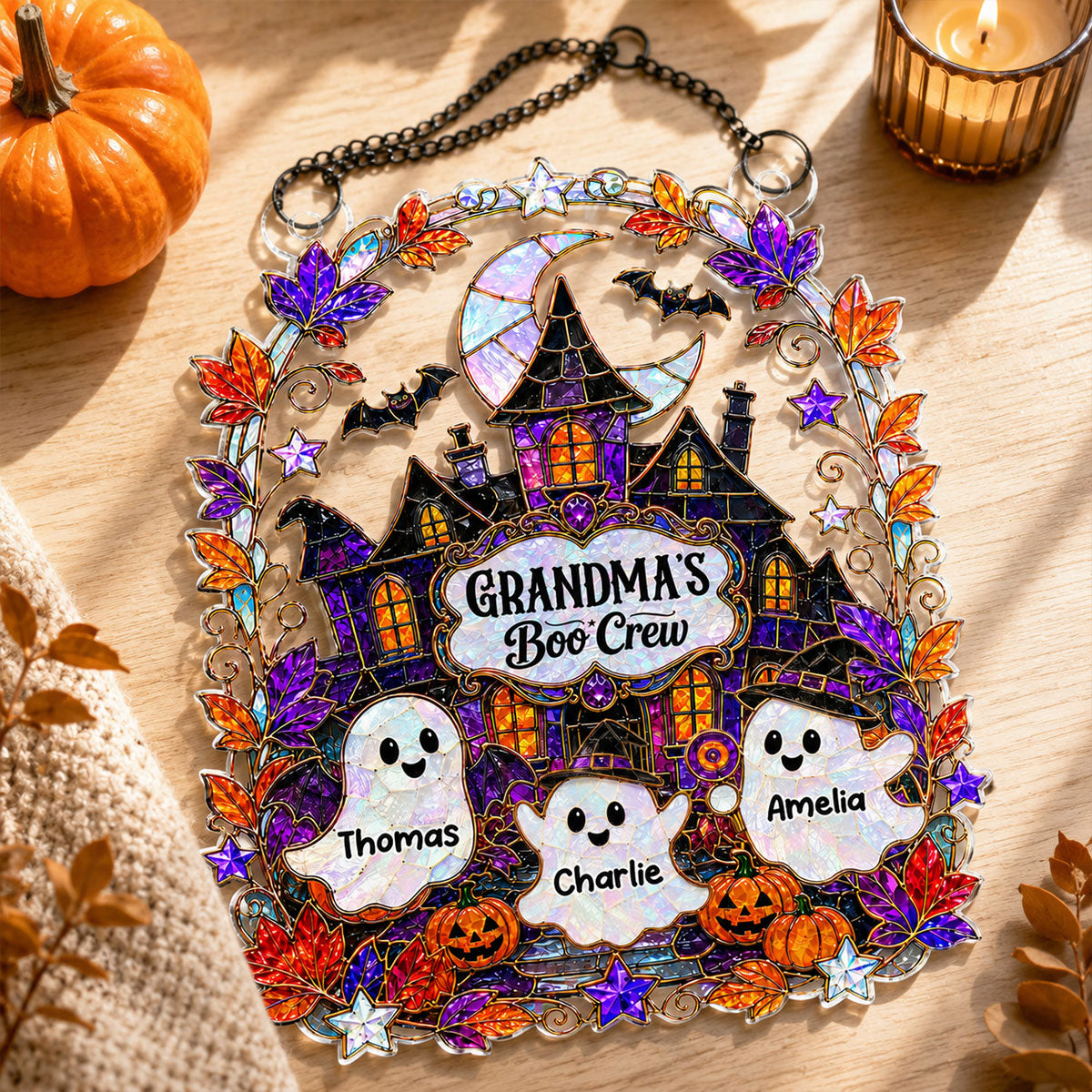 Whimsical Grandma's Boo Crew Haunted House - Personalized Acrylic Window Hanging - Halloween Decoration For Grandma