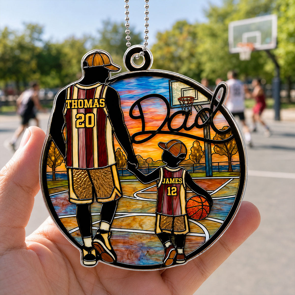 Basketball Dad & Kids 2D Flat - Personalized Acrylic Car Ornament - Father's Day Gift For Basketball Dad