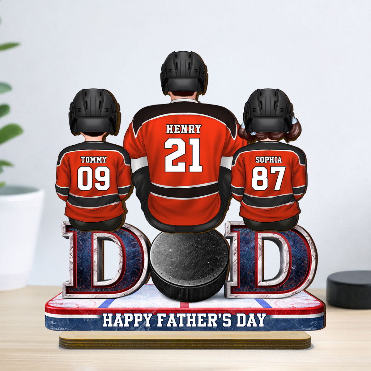 Hockey Dad And Kids Sitting Together - Personalized 2-Layered Wooden Plaque -  Gift, Gift For Hockey Dad, Gift For Husband