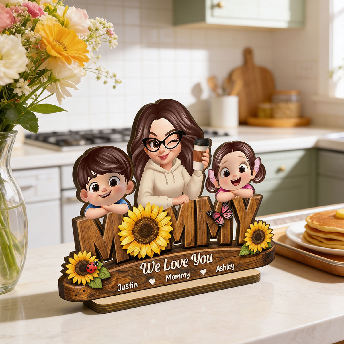 Mommy We Love You Sunflower Pattern - Personalized 2-Layered Wooden Plaque - Heartfelt Mother's Day Gift for Mom, Wife, Farmhouse Decor