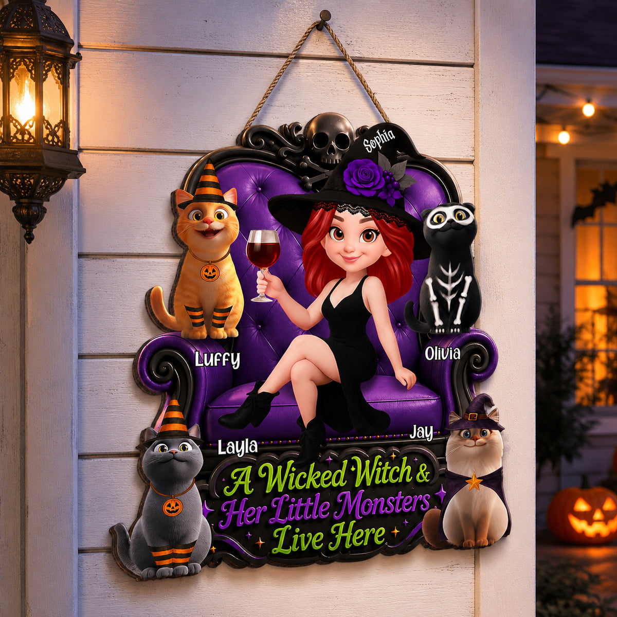 A Wicked Witch and Her Little Monsters Live Here - Personalized Wooden Door Sign - Halloween Decor for Cat Moms