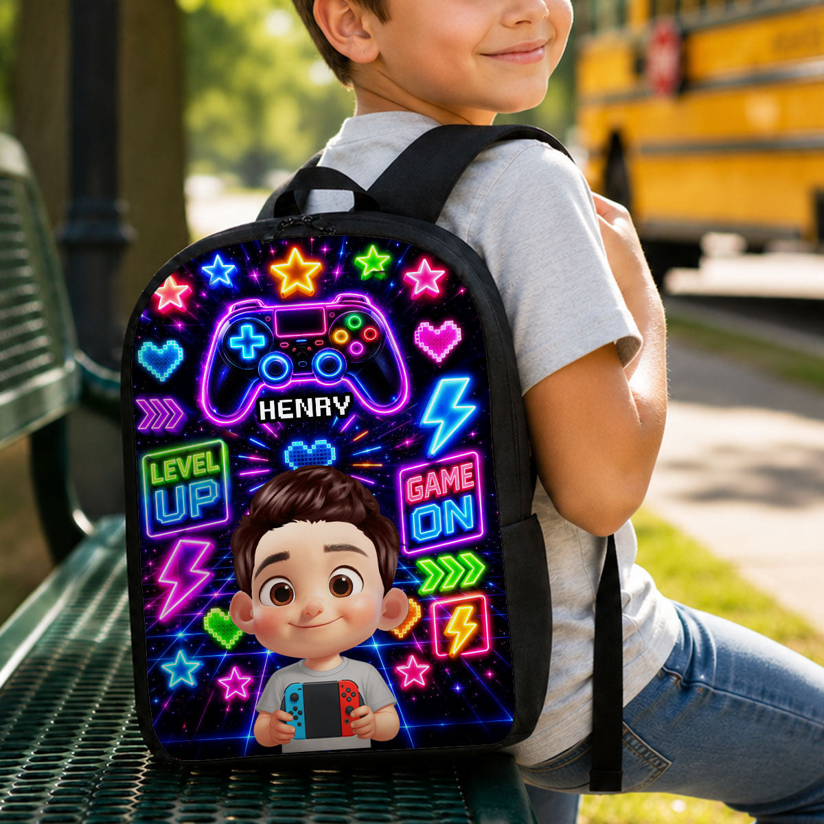 Neon Gamer Design for Boys Girls - Personalized Backpack - Back to School Backpack for Kids, Boys, Girls