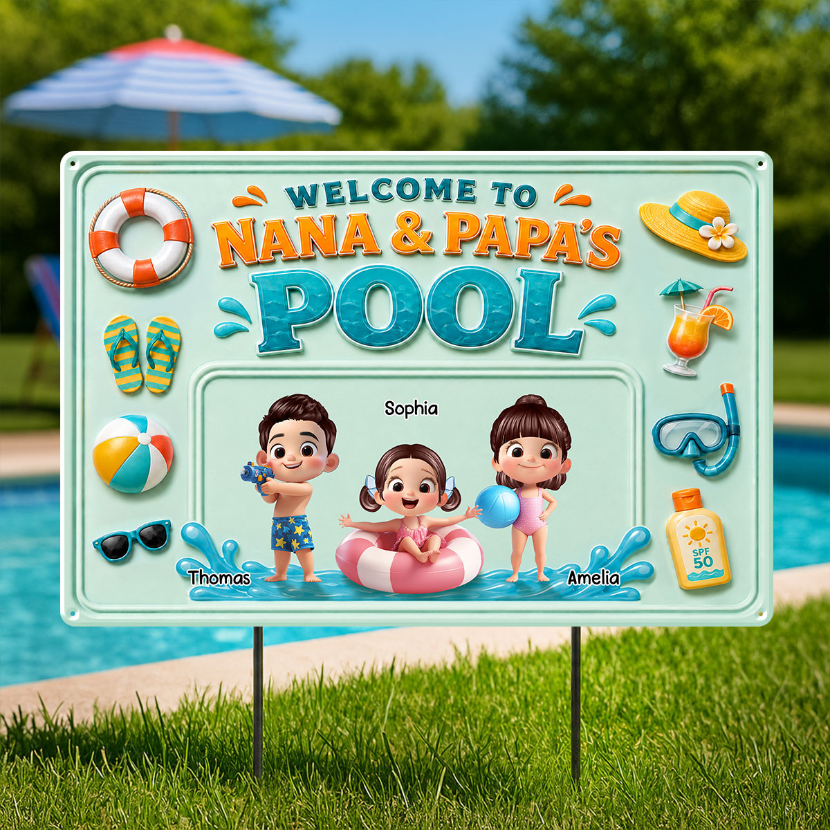 Nana & Papa's Poolside With Kids - Personalized Metal Sign - Gift For Kids, Grandparents, Summer Decorations