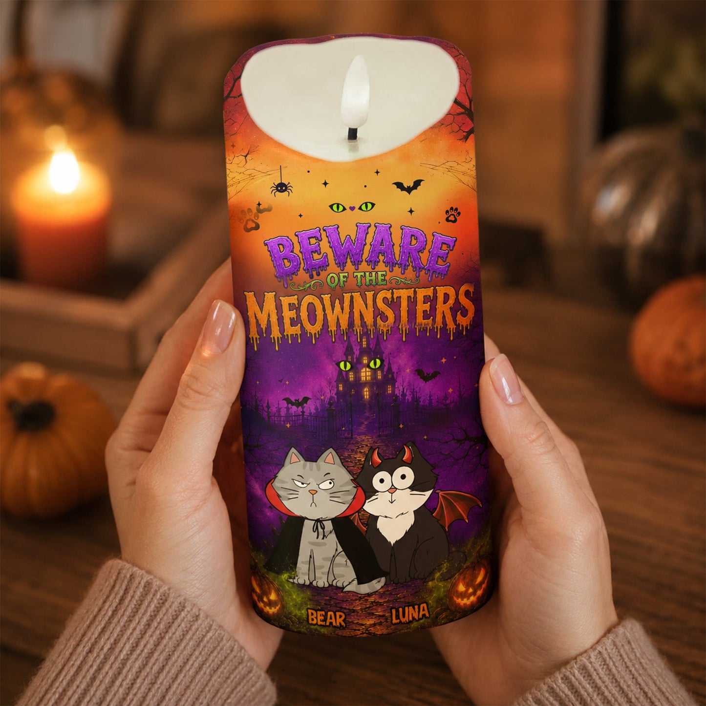 Beware Of The Meownsters - Personalized LED Candle - Purrfect Halloween Decor for Cat Lover