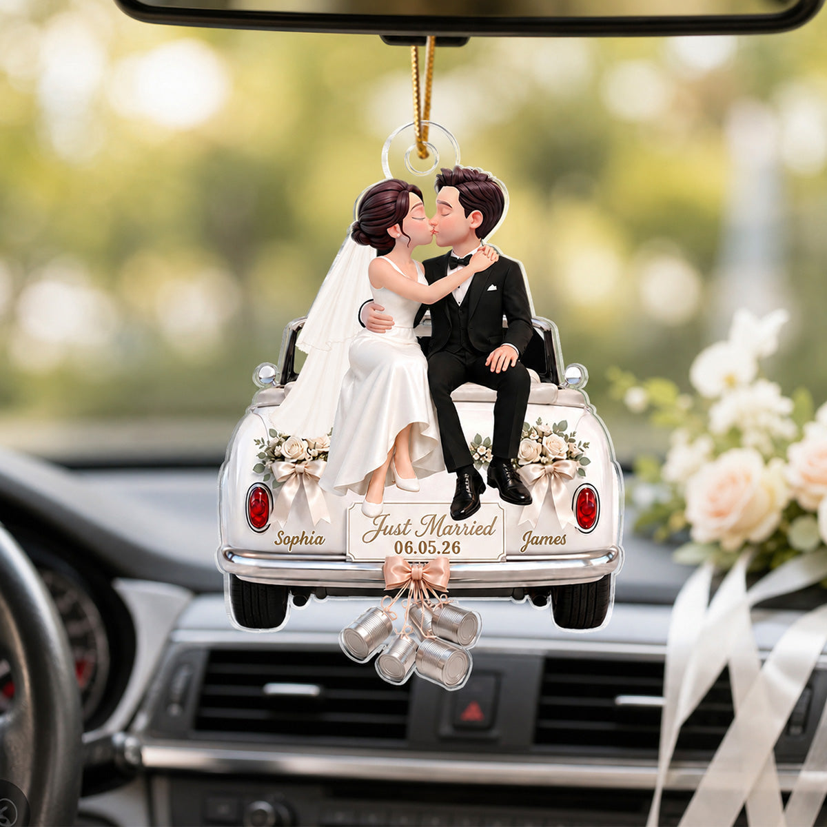 Groom Bride Sitting On Wedding Car 2D Flat - Personalized Acrylic Ornament - Wedding Keepsake