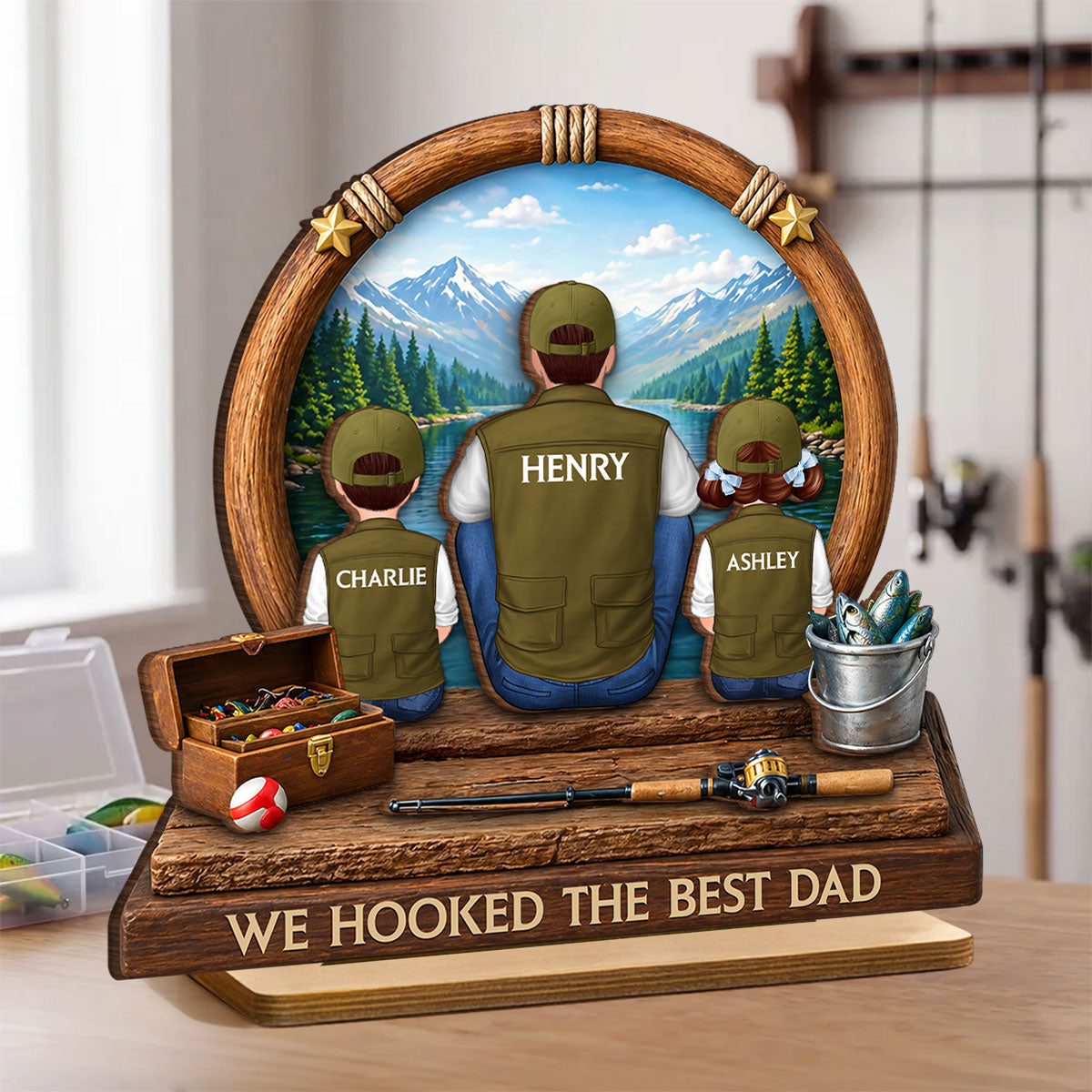 Fishing Dad Kids Mountain Lake - Personalized 2-Layered Wooden Plaque - Heartfelt Gift For Fishing Dad, Gift For Husband