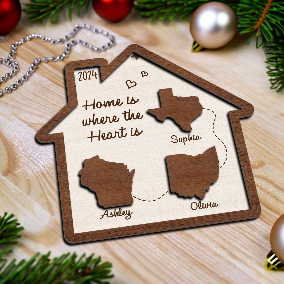 Long Distance Family State Maps Personalized 2-Layer Wooden Ornament, Togetherness Ornament