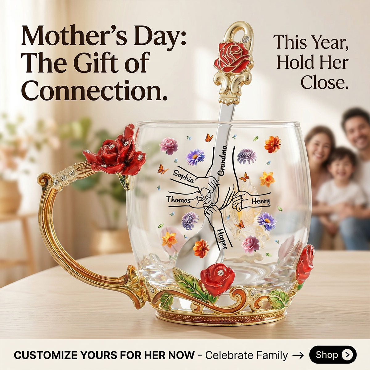 Grandma Mom Holding Kids Hands Birth Month Flowers - Personalized Enamel Flower Tea Cup - Gift For Grandma, Mom