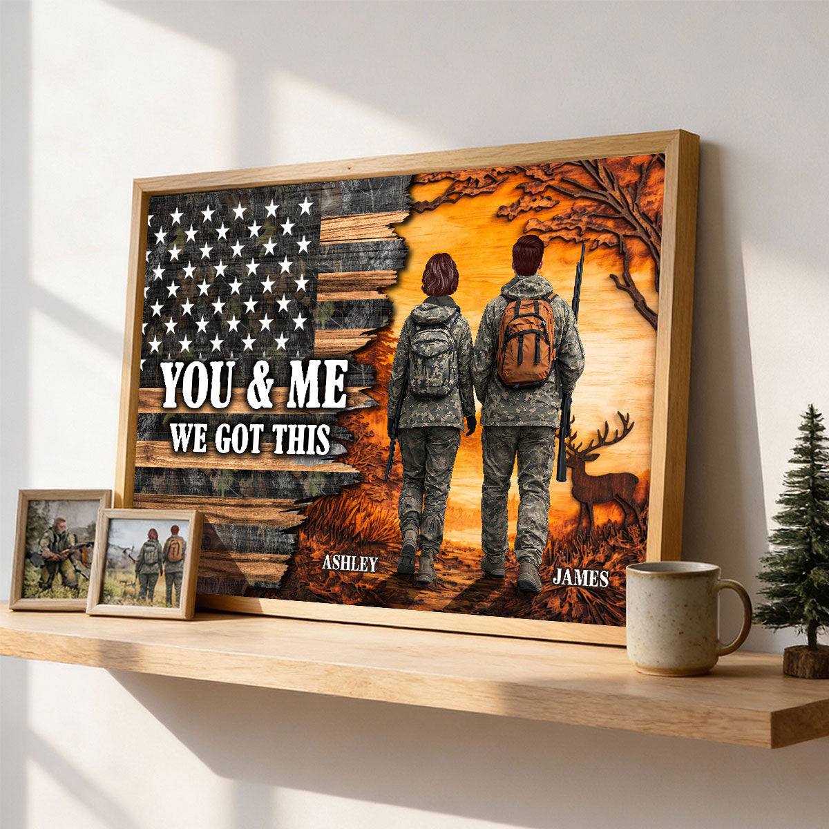 Eternal Love Back View Hunting Couple Half Nation Flag - Personalized Poster - Gift For Hunting Couple, Hunters, Gift For Him, For Her