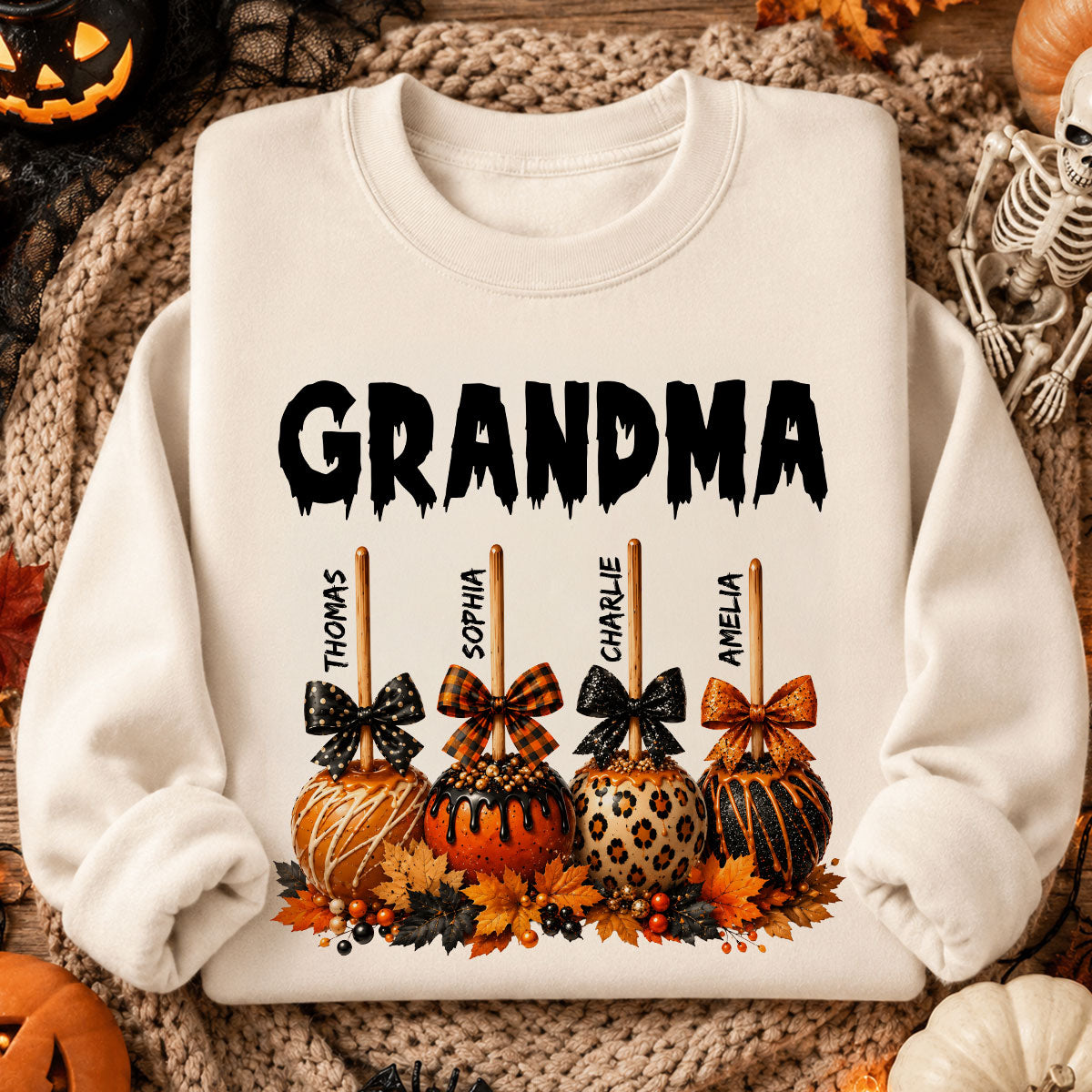 Trending Fall Season Halloween Grandma Fall Caramel Apples Custom Kids Names - Personalized Shirt - Fall Halloween Shirt For Grandma