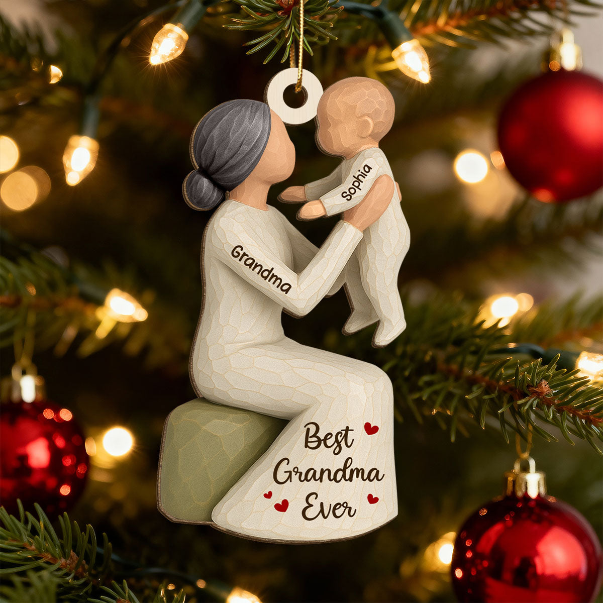 3D Effect Grandma Holding Grandkid - Personalized Wooden Ornament - Unique Christmas Gift for Grandma