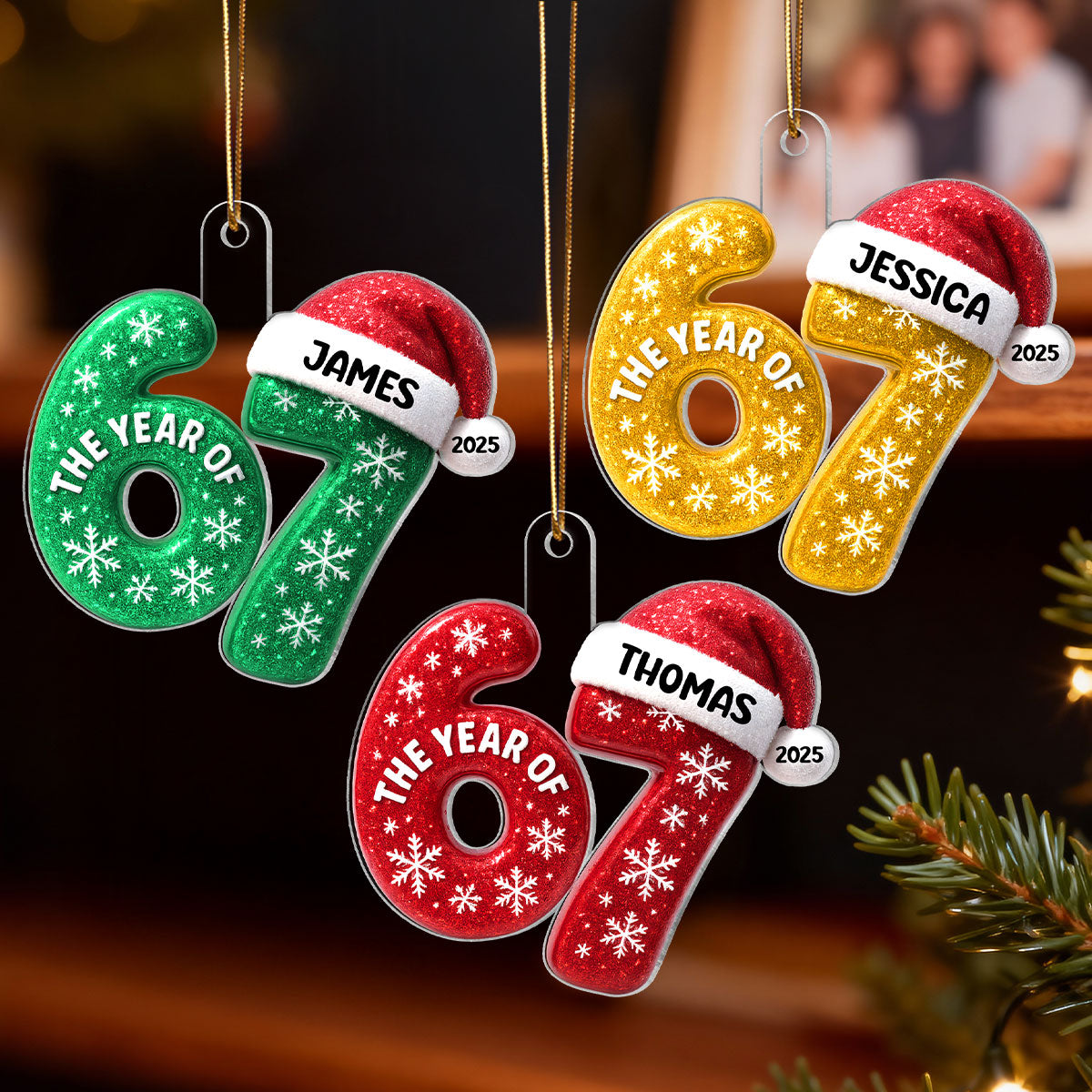3D Glitter Effect 67 Six Seven 2025 Slang - Personalized Acrylic Ornament - Funny Christmas Gift For Teen, Grandkid, Gen Alpha