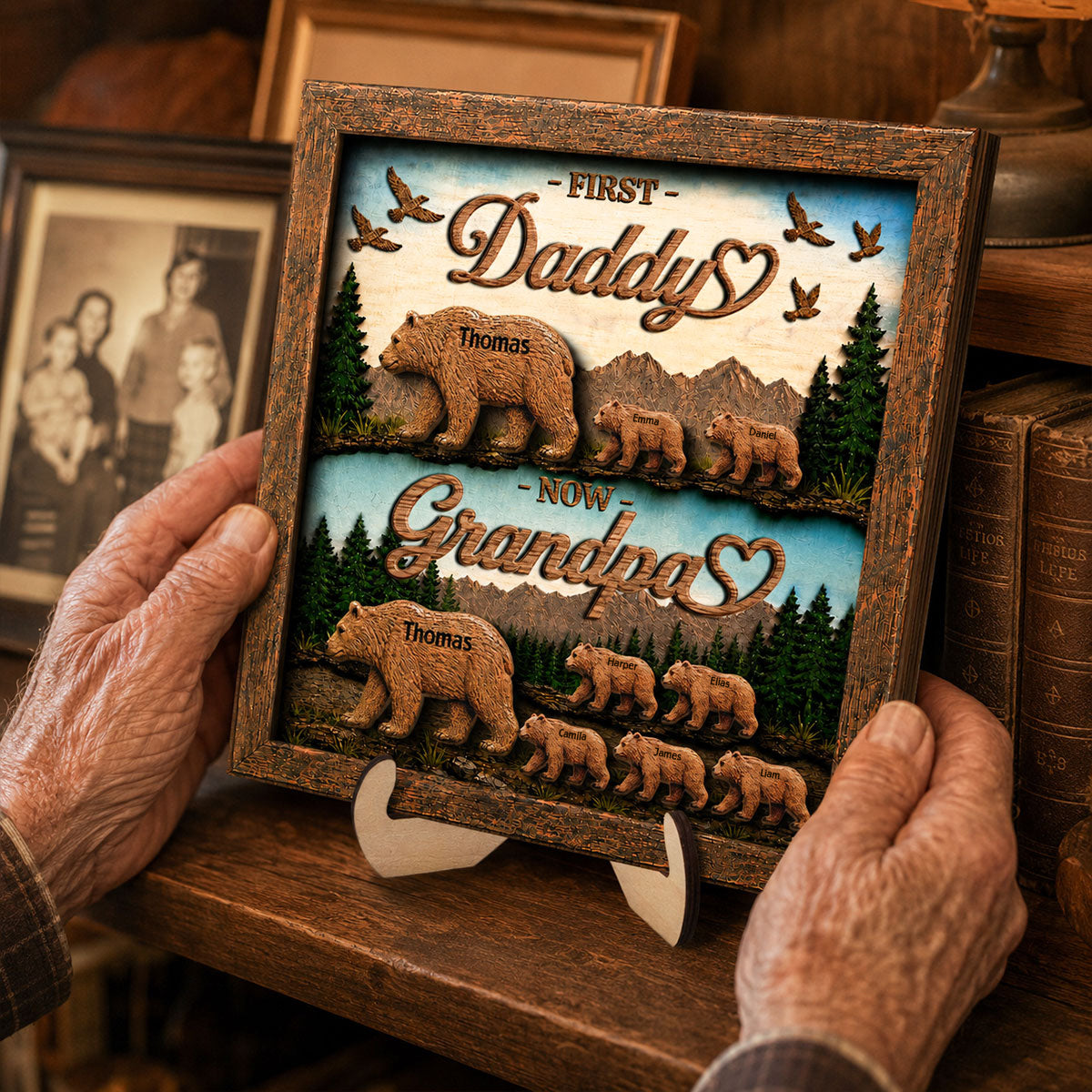 First Dad Now Grandpa Bear with Kids Name - Personalized 2-Layered Wooden Plaque