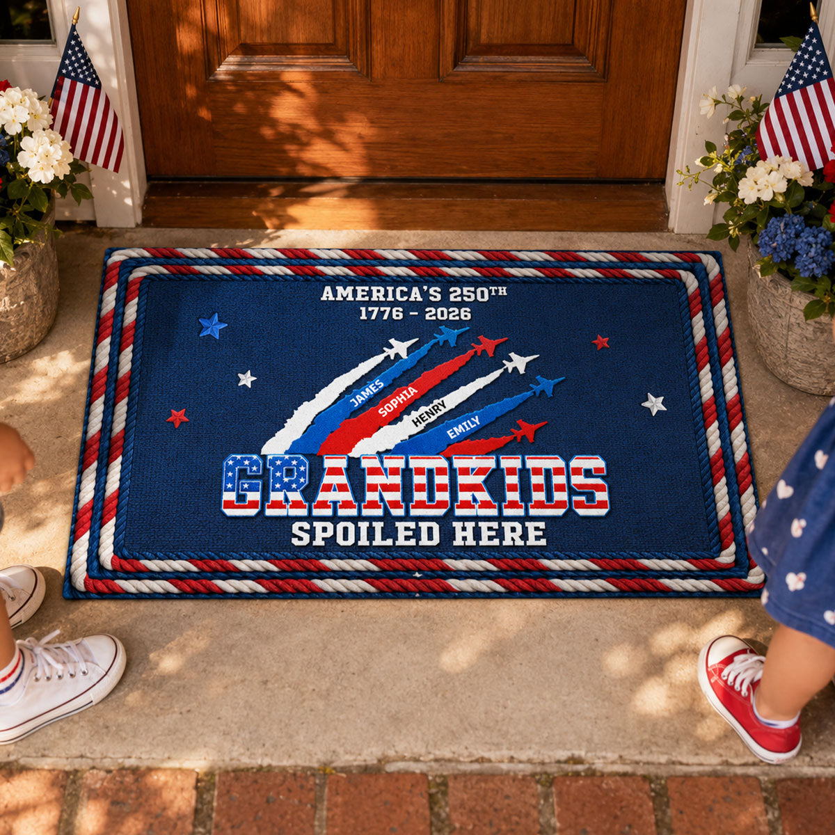 Proud Grandkids Spoiled Here American 250th Anniversary Faux Yarn Texture - Personalized Doormat - 250 Years Of Freedom Decoration, Gift For Grandparents
