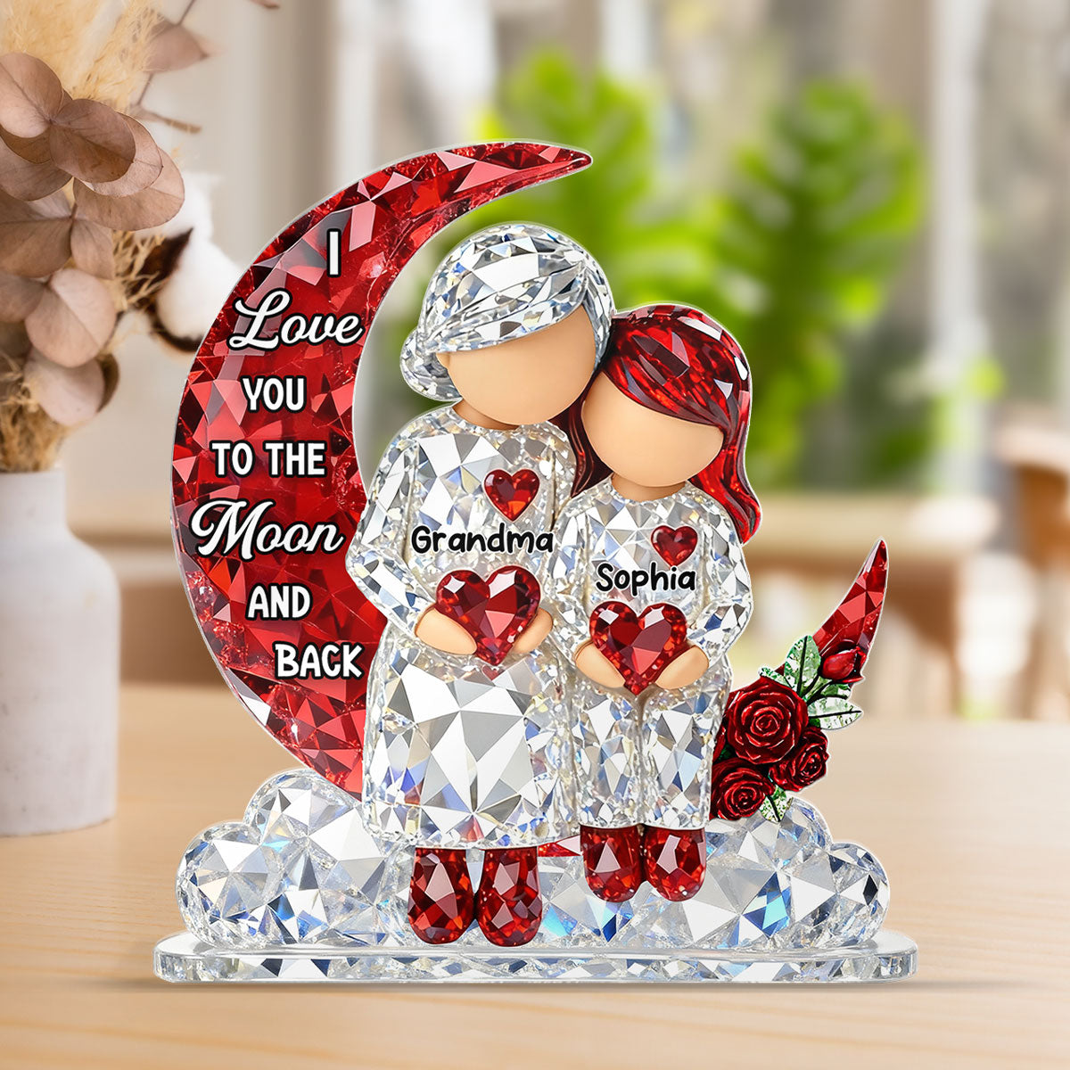 3D Crystal Effect Grandma Grandpa Grandkid Sitting on Moon - Personalized Acrylic Block Plaque - Heartfelt Home Decor for Grandma