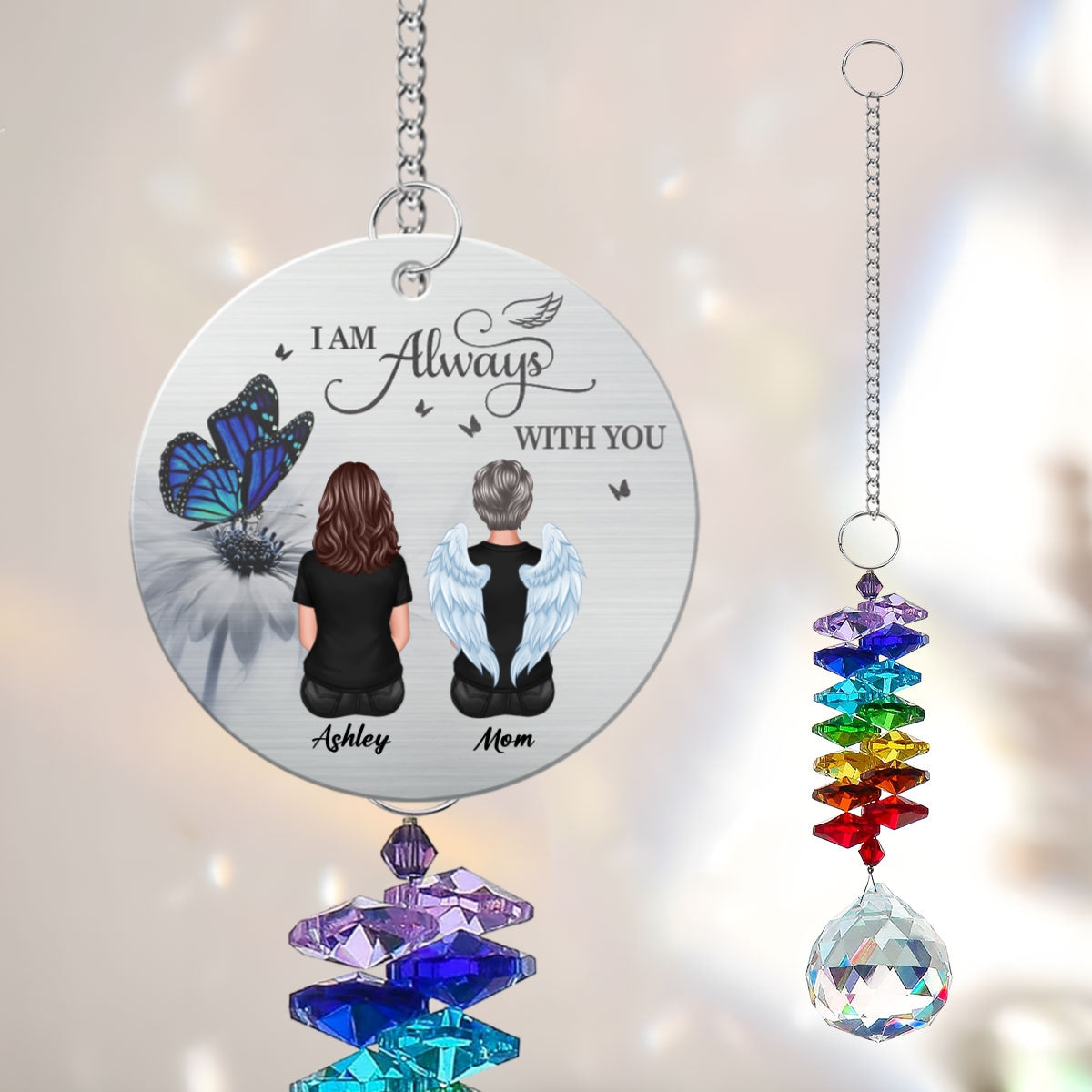 Butterfly Family Memorial I Am Always With You Personalized Crystal Suncatcher With Aluminum Charm