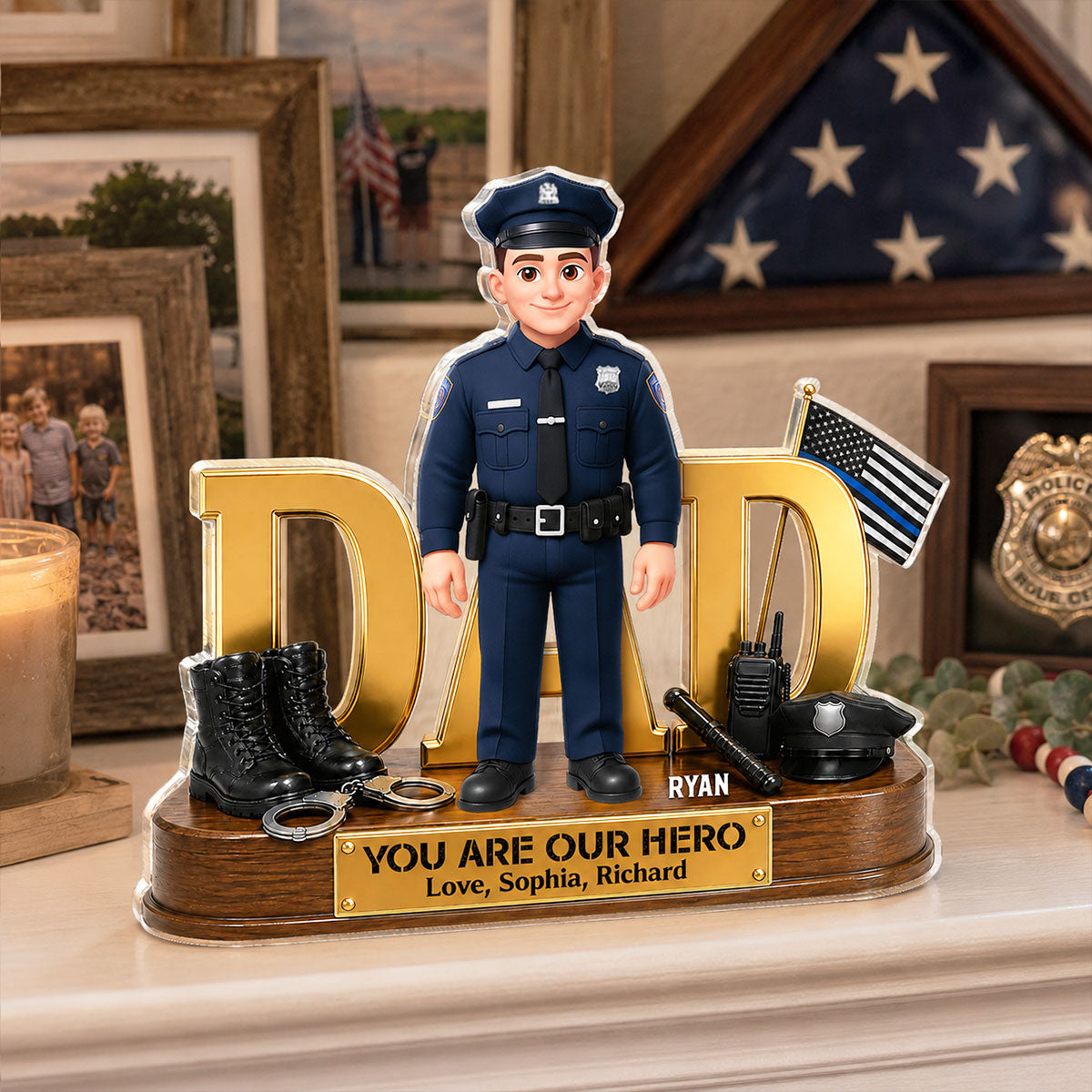 Proud American Police Dad You Are Our Hero Thin Blue Line 2D Flat - Personalized Acrylic Block Plaque -  Gift For Dad