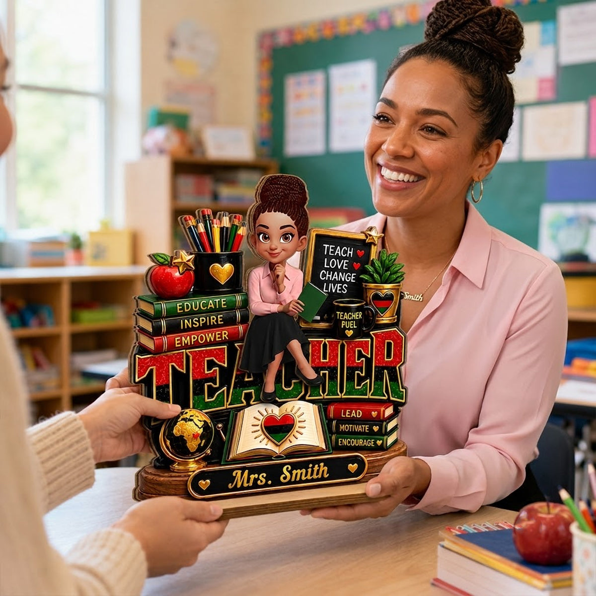 Teach Love Changes Life - Personalized 2-Layered Wooden Plaque - African American Teacher Appreciation Gift