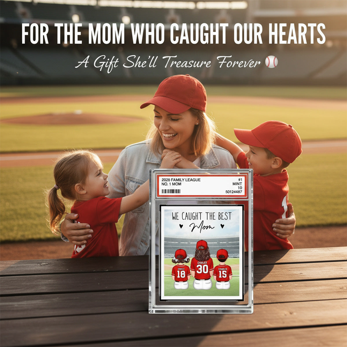 Baseball No. 1 Mom Woman & Kids Sitting Trading Card Style - Personalized Acrylic Block Plaque