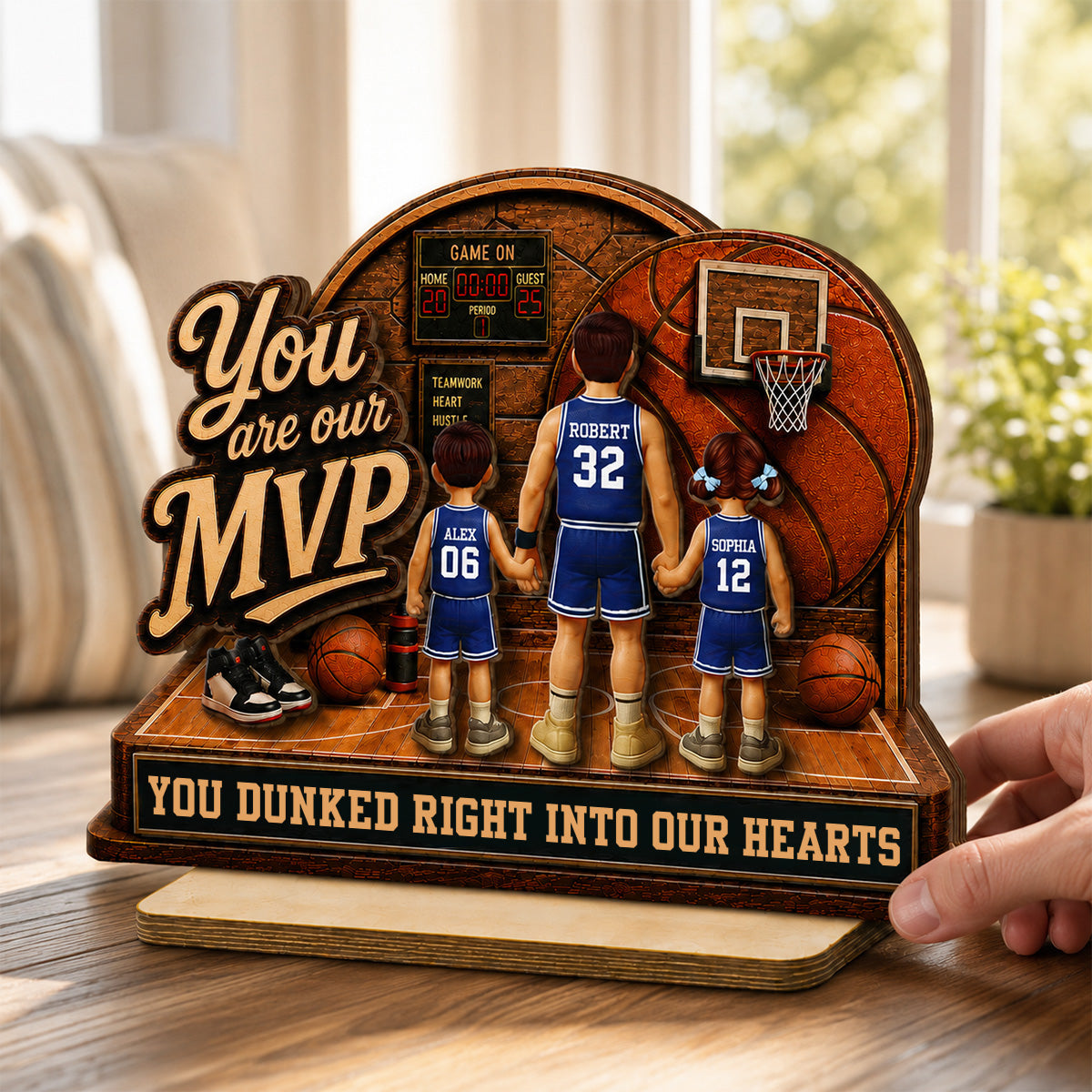 You Are Our MVP Standing Basketball Man & Kids 2D Flat - Personalized 2-Layered Wooden Plaque -  Gift For Basketball Dad