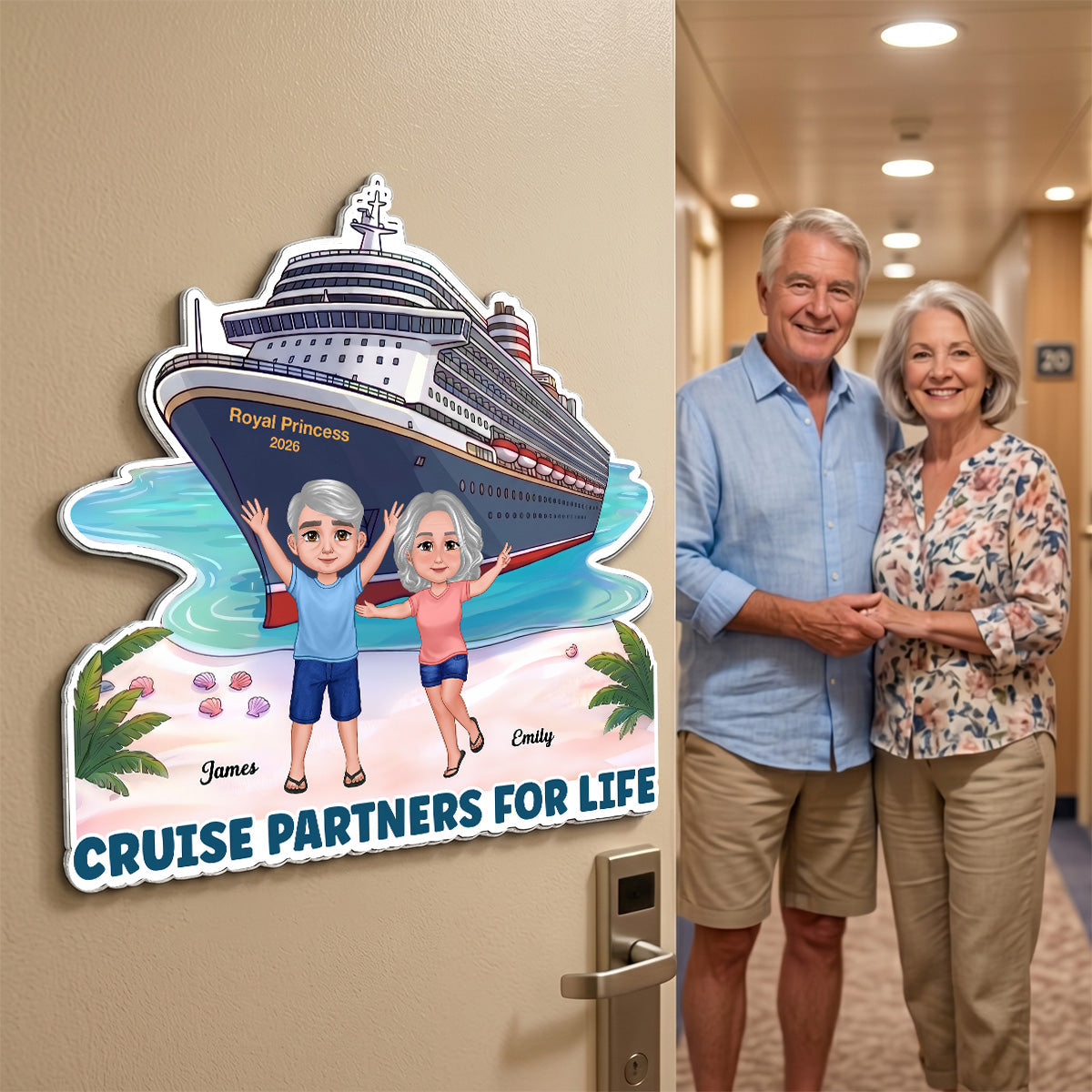 Cruise Trip Happy Couple On The Beach - Personalized Cruise Cabin Door Magnet - Cruise Trip Keepsake