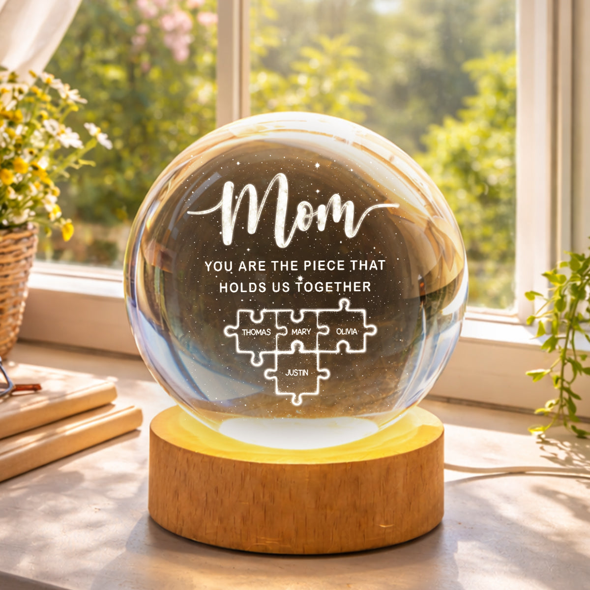 Mom You Are The Piece That Holds Us Together - Personalized Crystal Ball LED Night Light - Heartfelt Gift For Mom, Grandma