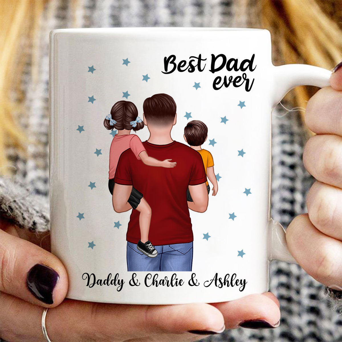 Dad Holding Kids Blue Stars Father‘s Day Gift Personalized Mug