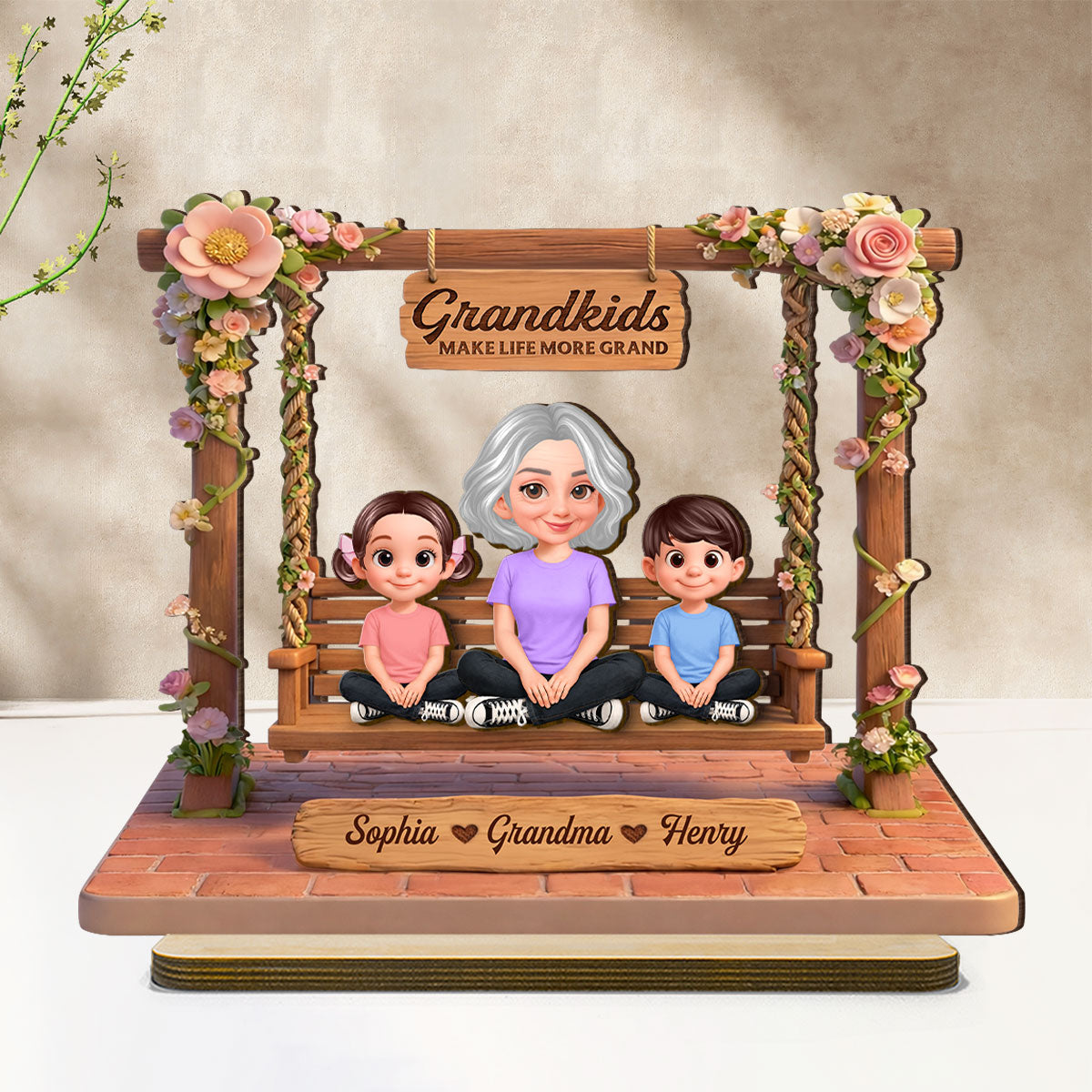 Where Love Gently Swings Grandma Grandkids - Personalized 2-Layered Wooden Plaque - Gift For Grandma