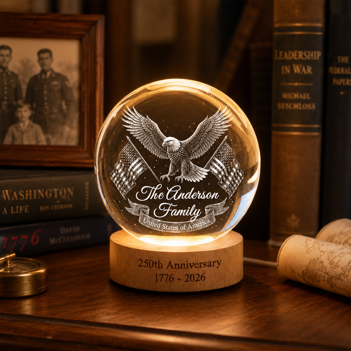 United States of America 250th Anniversary - Personalized Crystal Ball LED Night Light - Custom Family Name