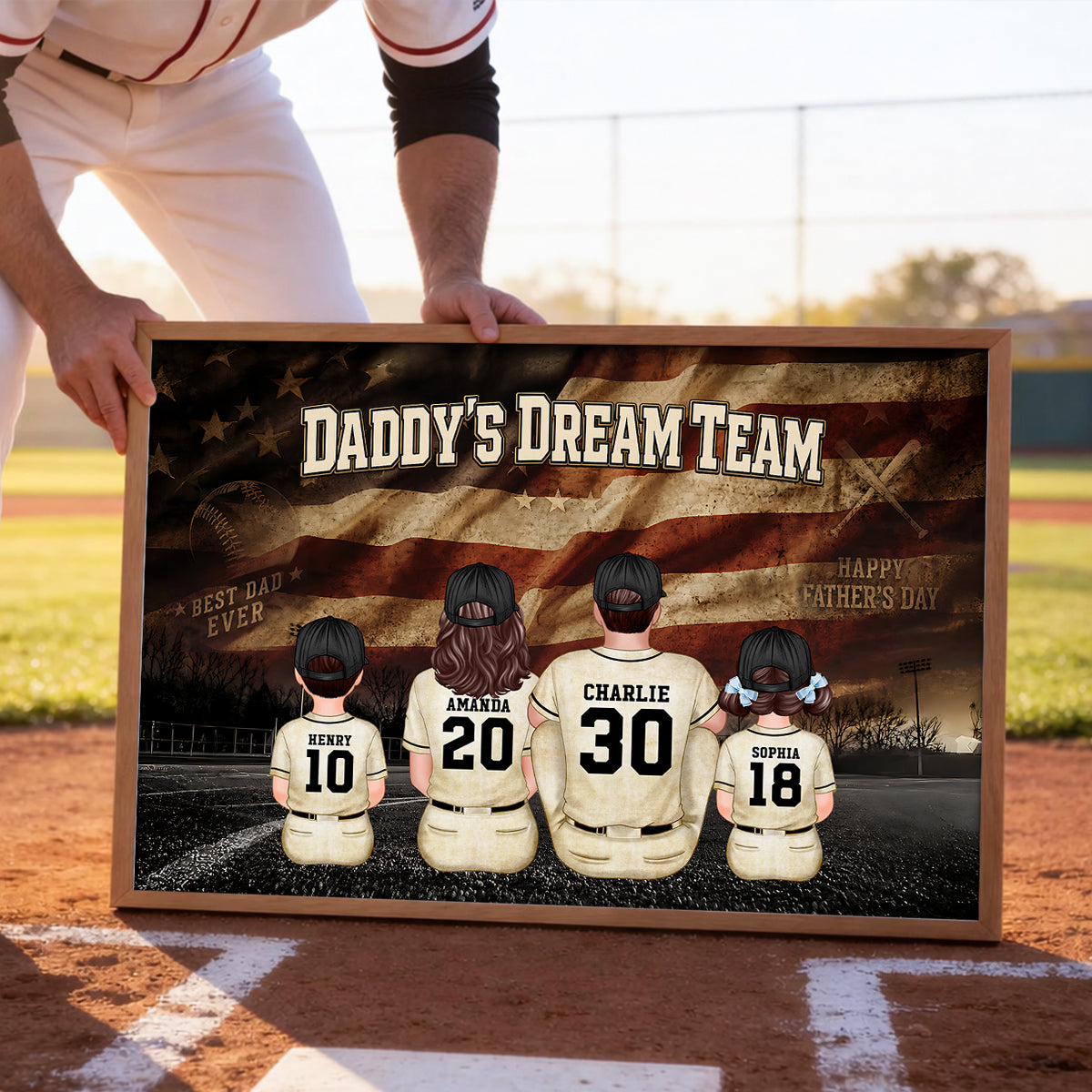 Daddy's Dream Team Baseball Nation Flag Family Sitting - Personalized Poster - Father's Day Gift for Dad, Husband