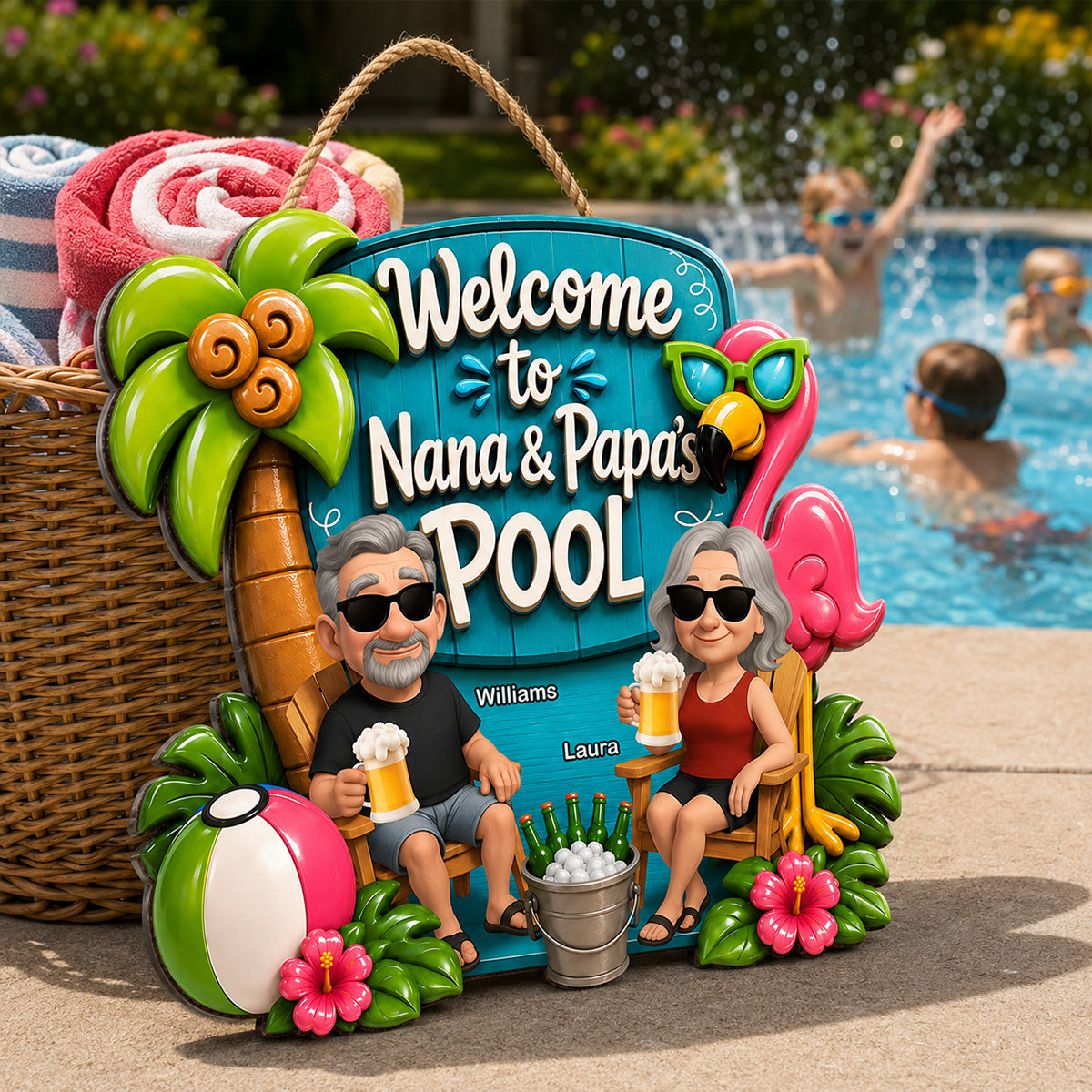 Welcome To Nana & Papa's Pool Funny - Personalized Wood Sign - Gift For Grandpa, Grandma, Summer Decorations