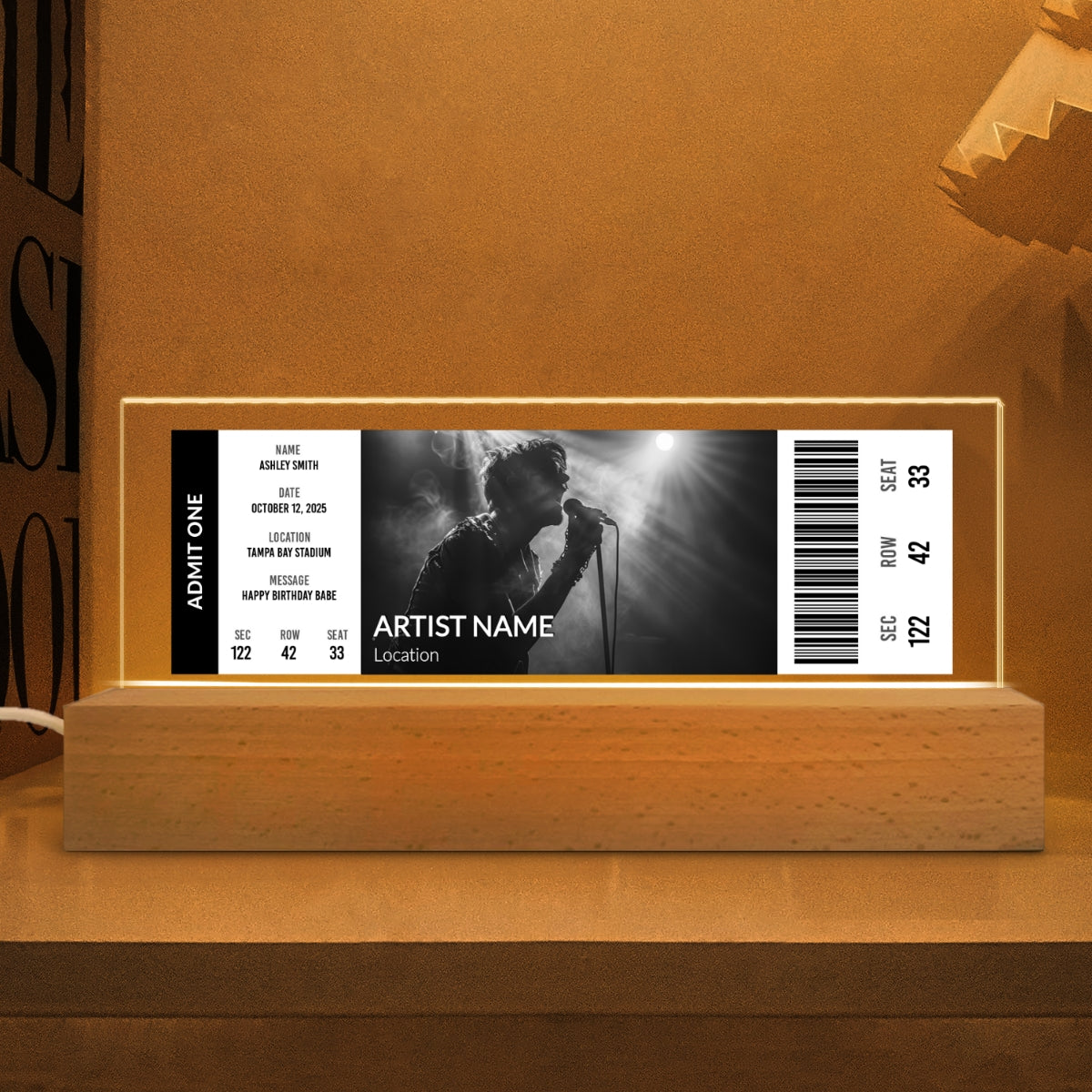 Custom Upcoming Concert Ticket - Personalized Acrylic Block LED Night Light - Surprise Valentine's Day Gift for her, for him