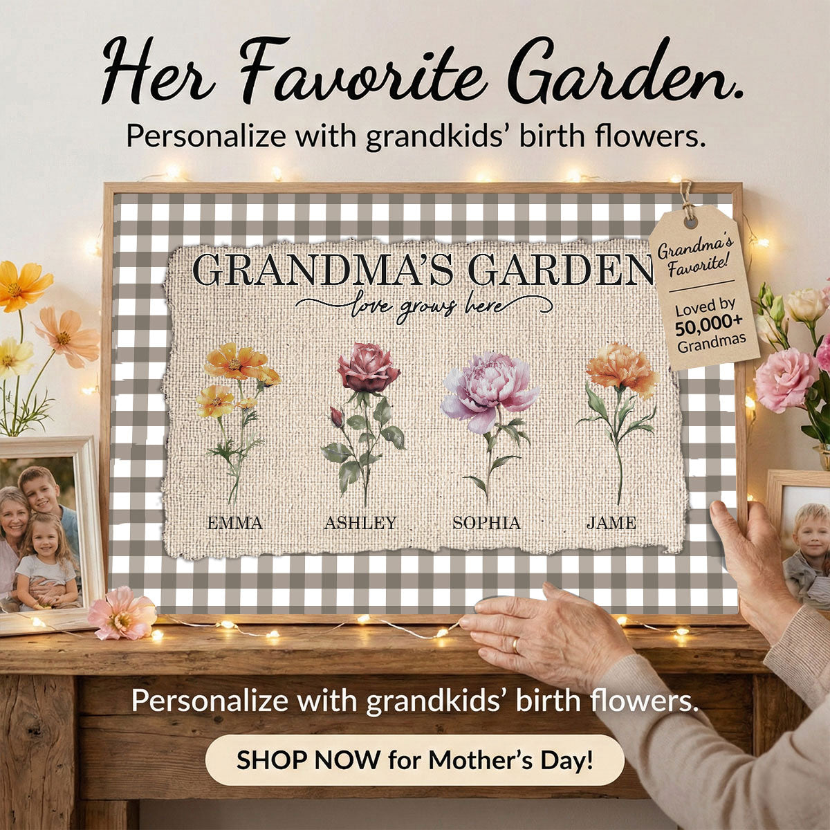 Gingham Pattern Grandma's Garden Birth Month Flowers - Personalized Poster - Mother's Day Gift For Grandma, Mom