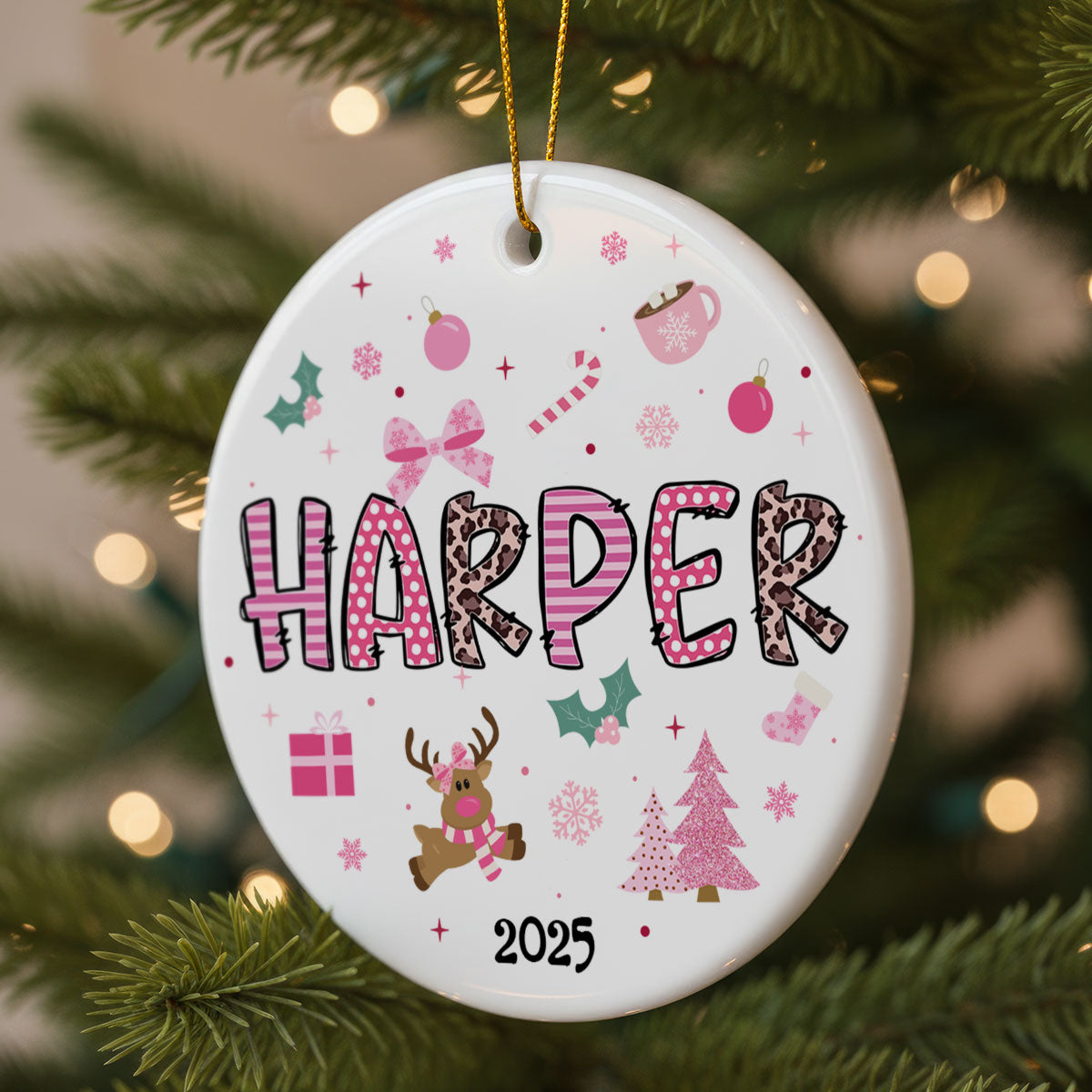 Pink Theme Girls Name Christmas - Personalized Ceramic Ornament - Gift For Daughter, Granddaughter
