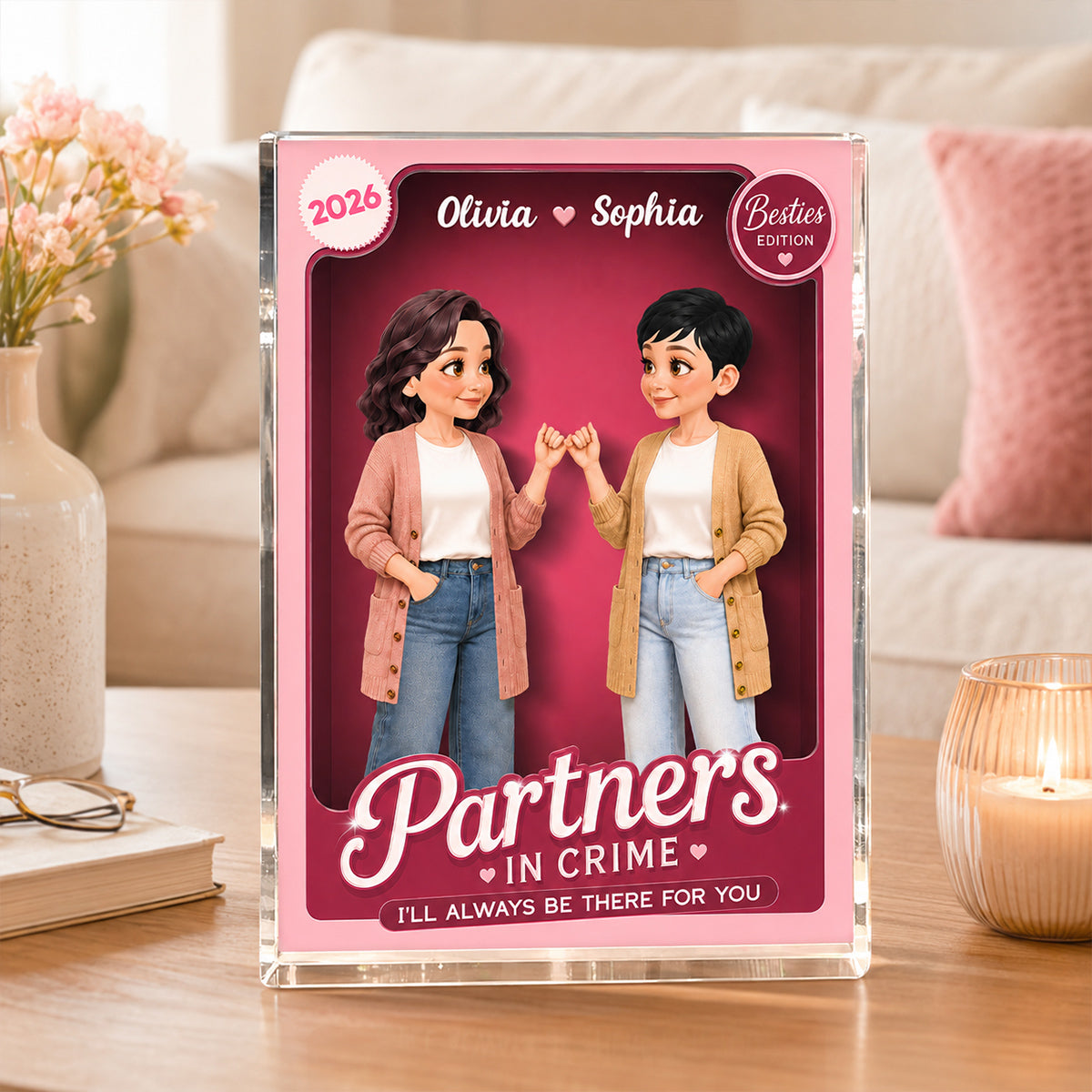 Pretty Besties Inside Pink Toy Box 2D Flat - Personalized Acrylic Block Plaque - Friendship Keepsake