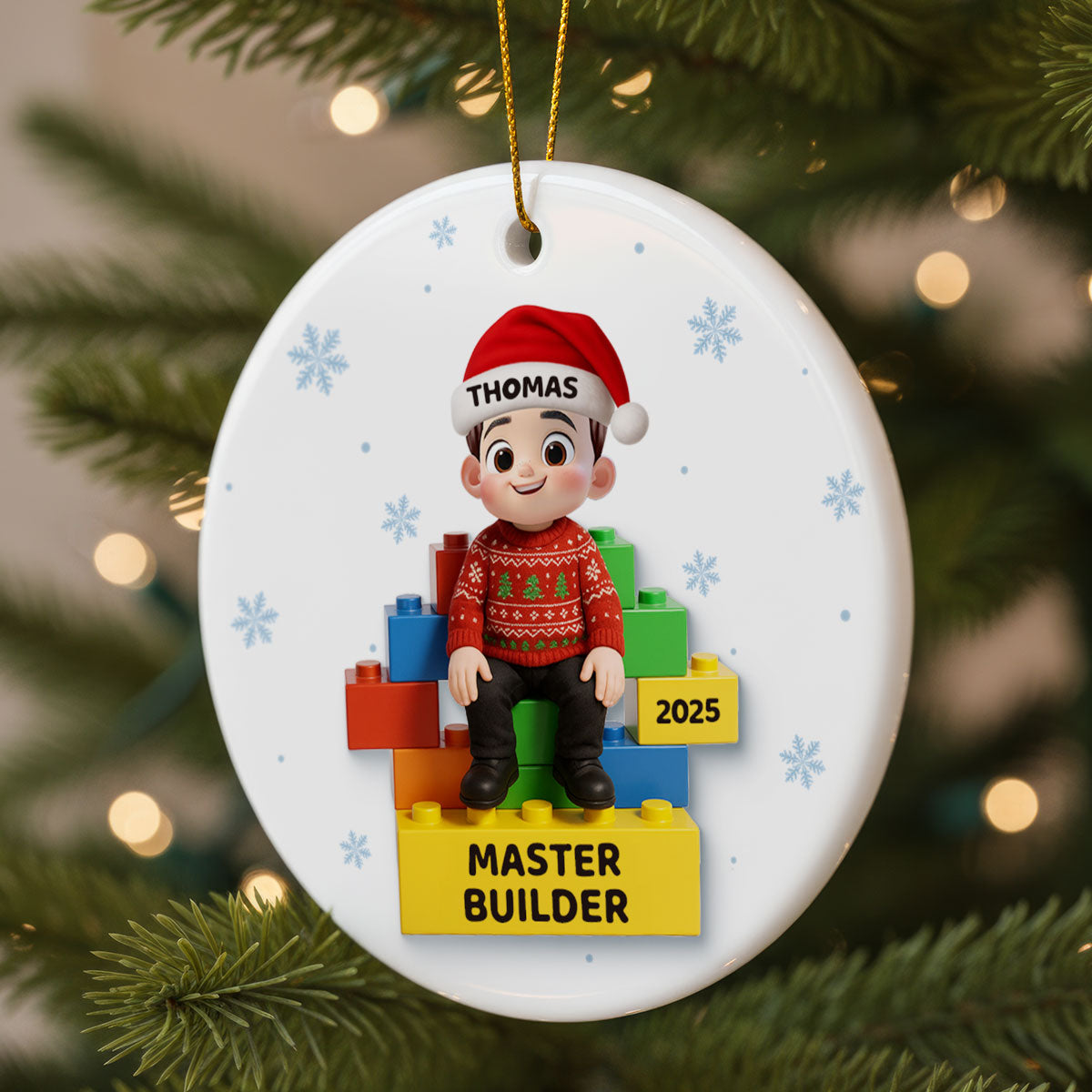 3D Effect Little Kid Master Builder Christmas - Personalized Ceramic Ornament - Christmas Gift For Grandkids, Grandson, Granddaughter