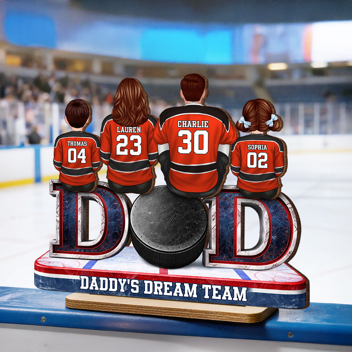 Hockey Dad Family Sitting Back View - Personalized 2-Layered Wooden Plaque - Heartfelt Gift For Hockey Dad, Gift For Husband, Gift For Family