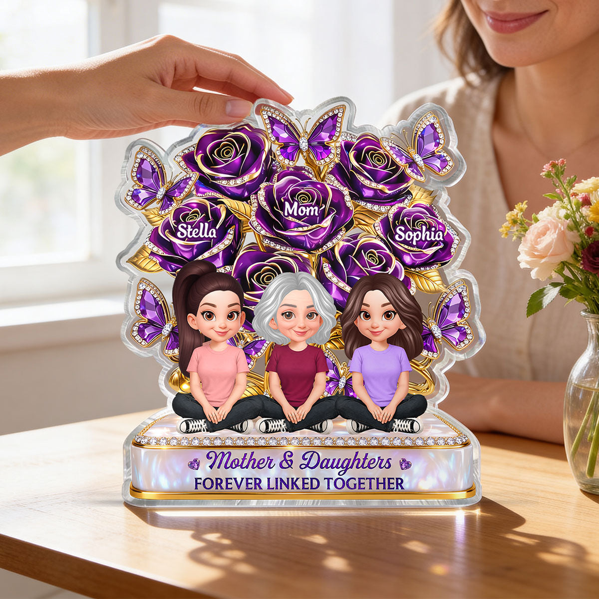 Beautiful Roses Mom And Son Daughter Forever Linked Together - Personalized Acrylic Block Plaque - Gift For Mom
