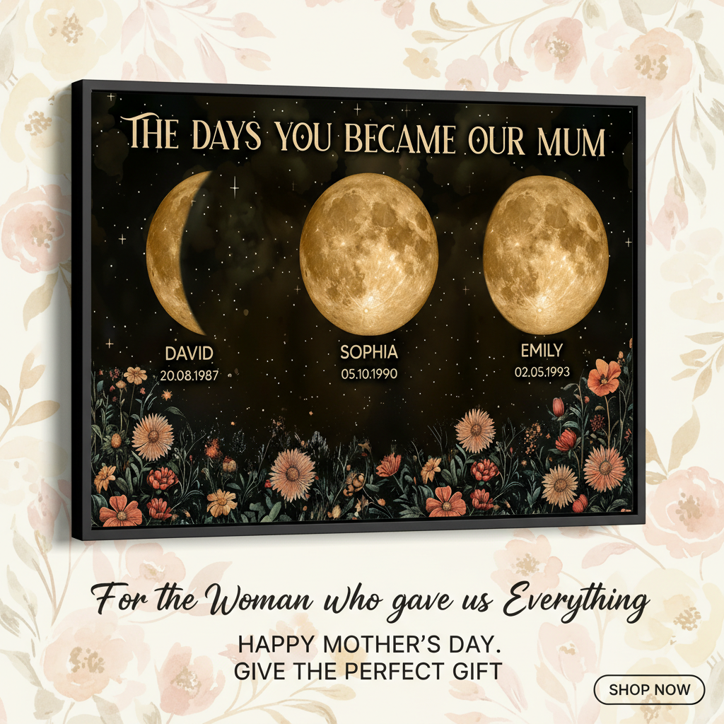 Vintage Flowers The Day You Become Mum Mom Grandma Custom Title And Nickname And Birth Moon Phase - Personalised Poster - Mother's Day Gift For Mum, Grandma