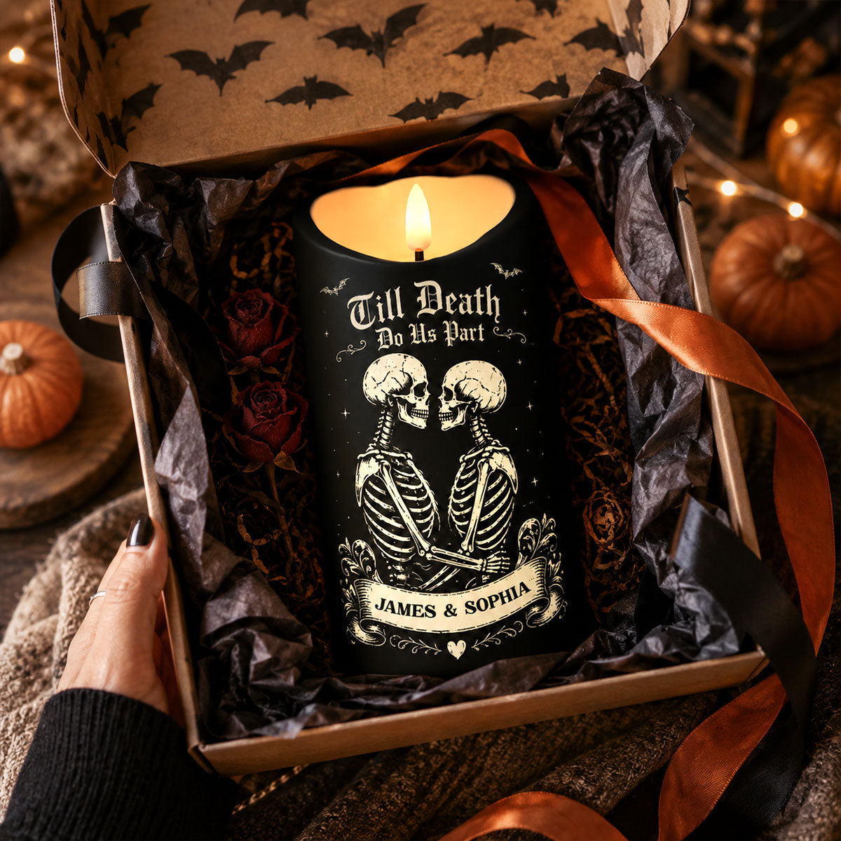 Till Death Do Us Part Skeleton Couple Black Theme - Personalized LED Candle - Halloween Decor For Couple