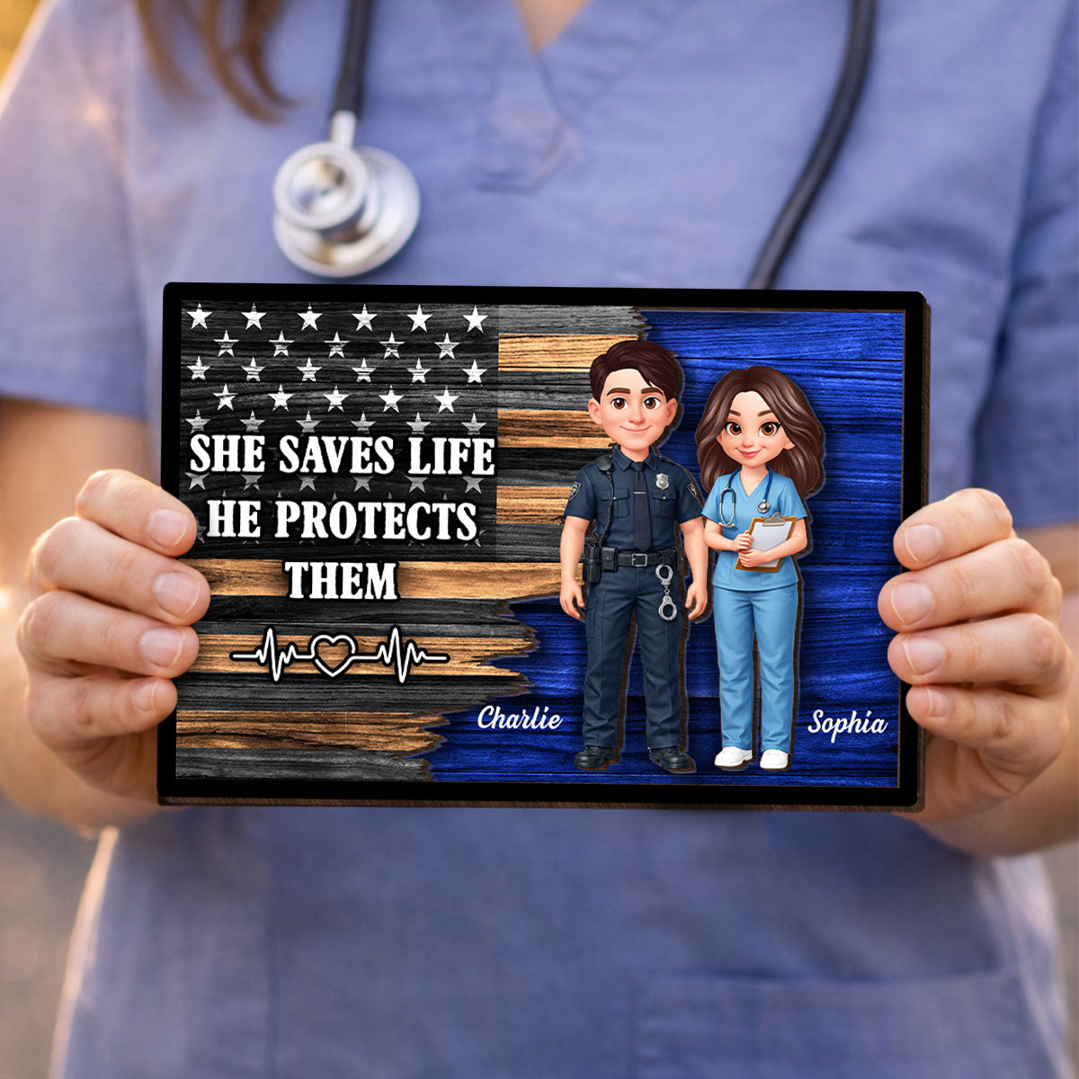 Custom Hero Couple Thin Blue Line Nation Flag - Personalized 2-Layered Wooden Plaque - Heartfelt Gift for Him, for Her