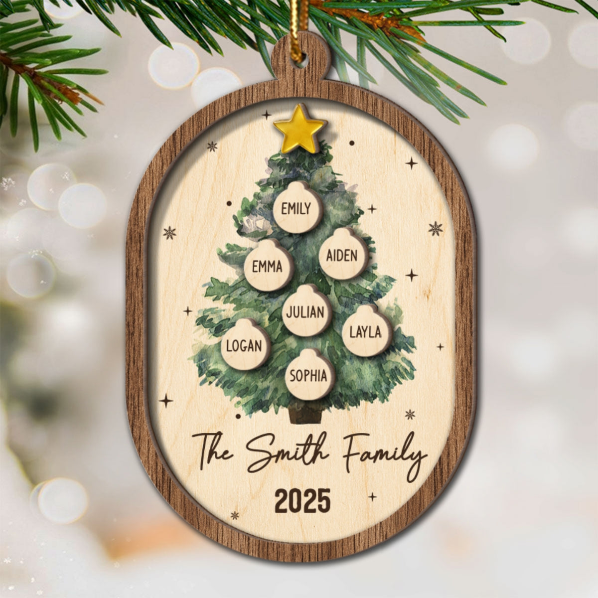 Rustic Watercolor Christmas Tree Family Names - Personalized 2-Layered Wooden Ornament