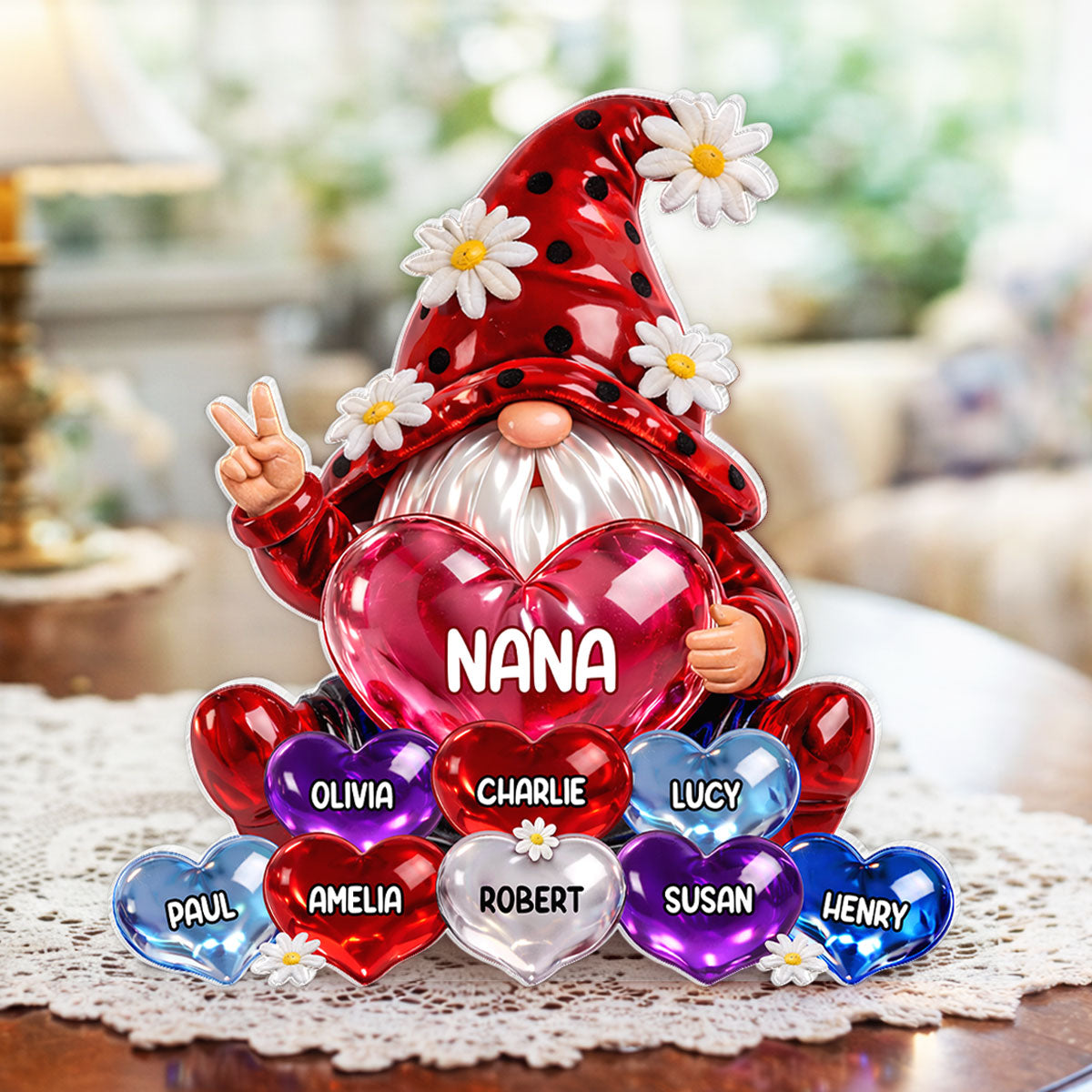 Grandma Gnome with Grandkids Names - Personalized Acrylic Block Plaque - Sentimental Mother's Day Gift for Grandma, Mom, Wife