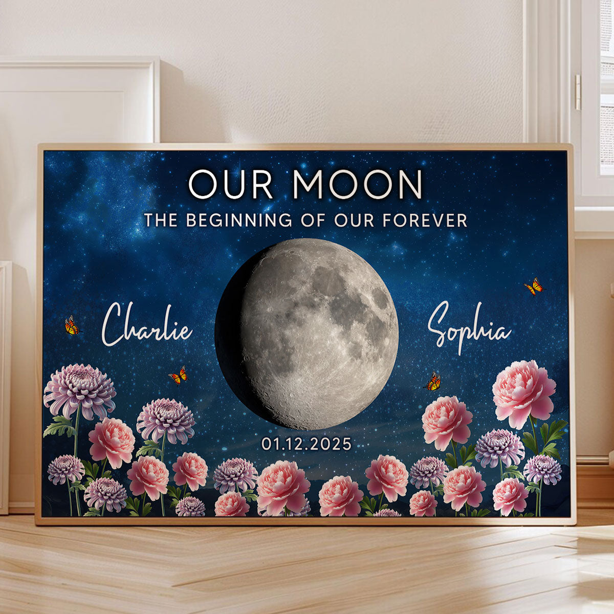 Couple Custom Moon Phase Anniversary Date Birth Month Flowers - Personalized Poster - Valentine's Day Gift For Couple
