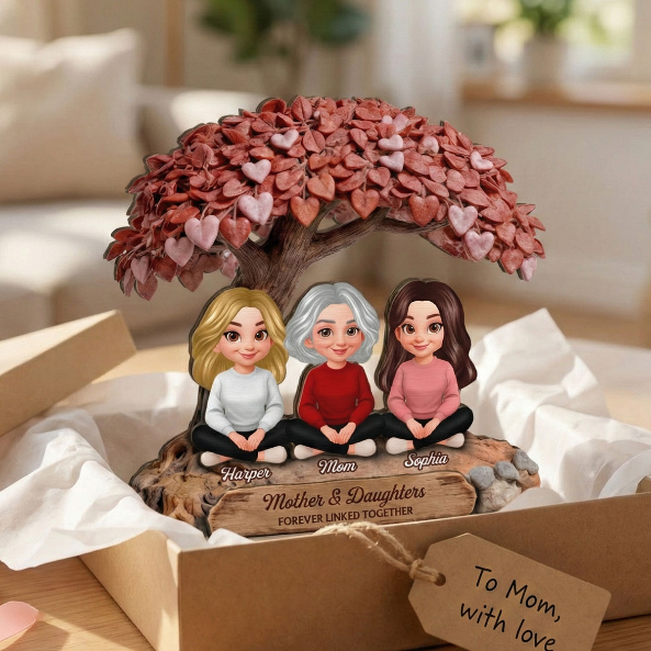 Mom And Daughter Son Under Heart Tree - Personalized 2-Layered Wooden Plaque - Mother's Day Gift For Mom