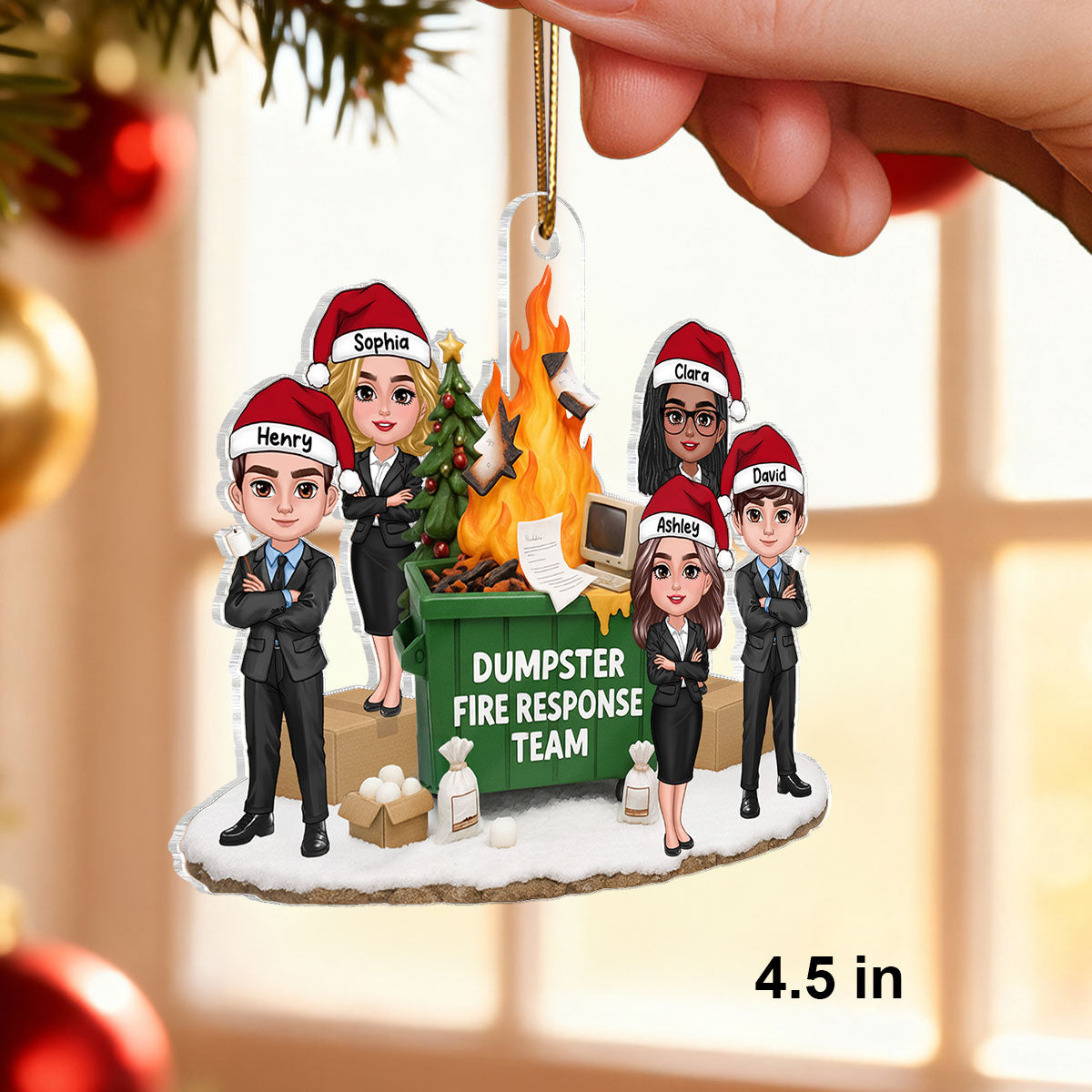 Funny Coworkers Office Chaos Dumpster Fire Response Team - Personalized Acrylic Ornament - Funny Holiday Gift for Coworkers