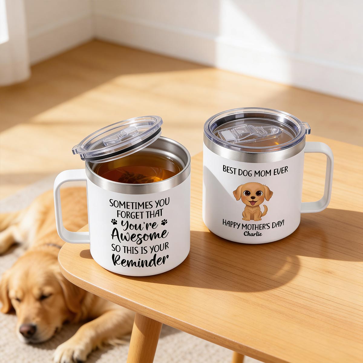 Sometimes You Forget That You're Awesome Dog Mom - Personalized Stainless Steel Tumbler with Handle - Mother's Day Gift For Dog Lovers